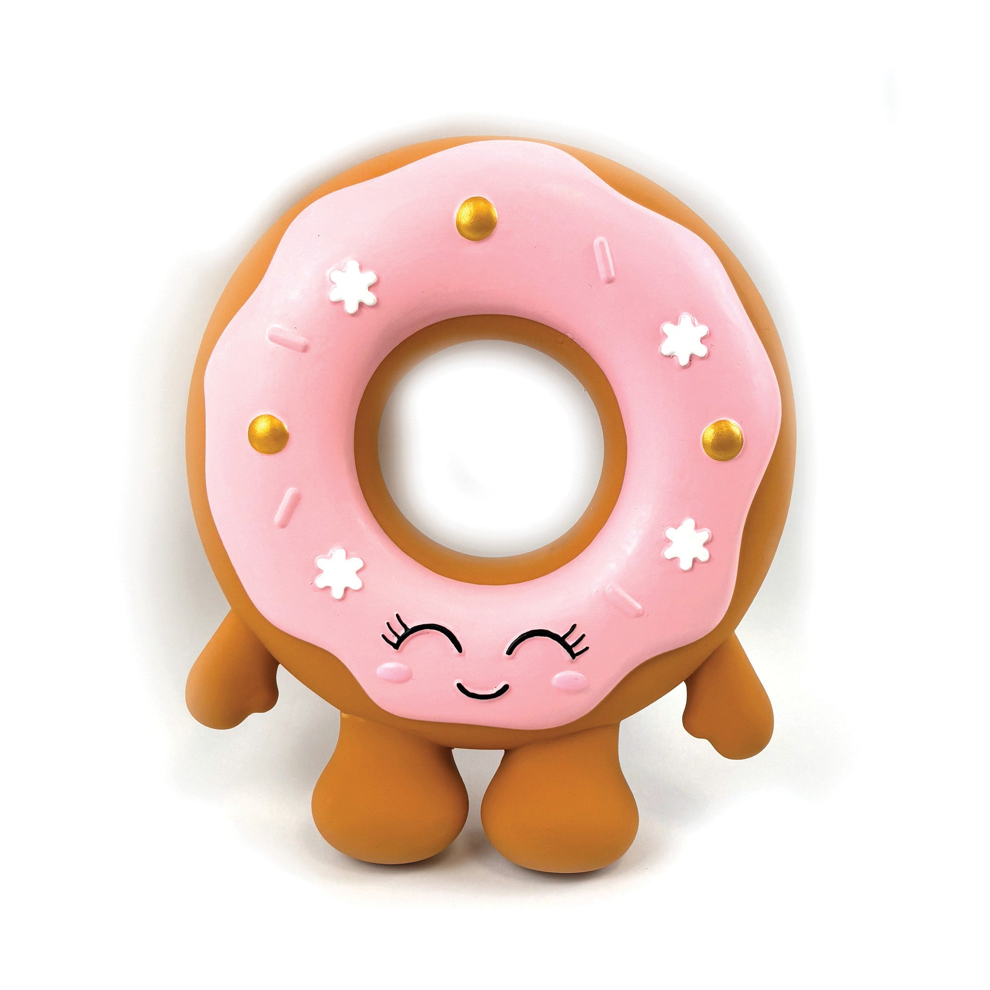 Happy Pet Giant Festive Donut Latex Christmas Dog Toy 24cm — pink iced donut character with snowflake sprinkles and gold baubles, white background