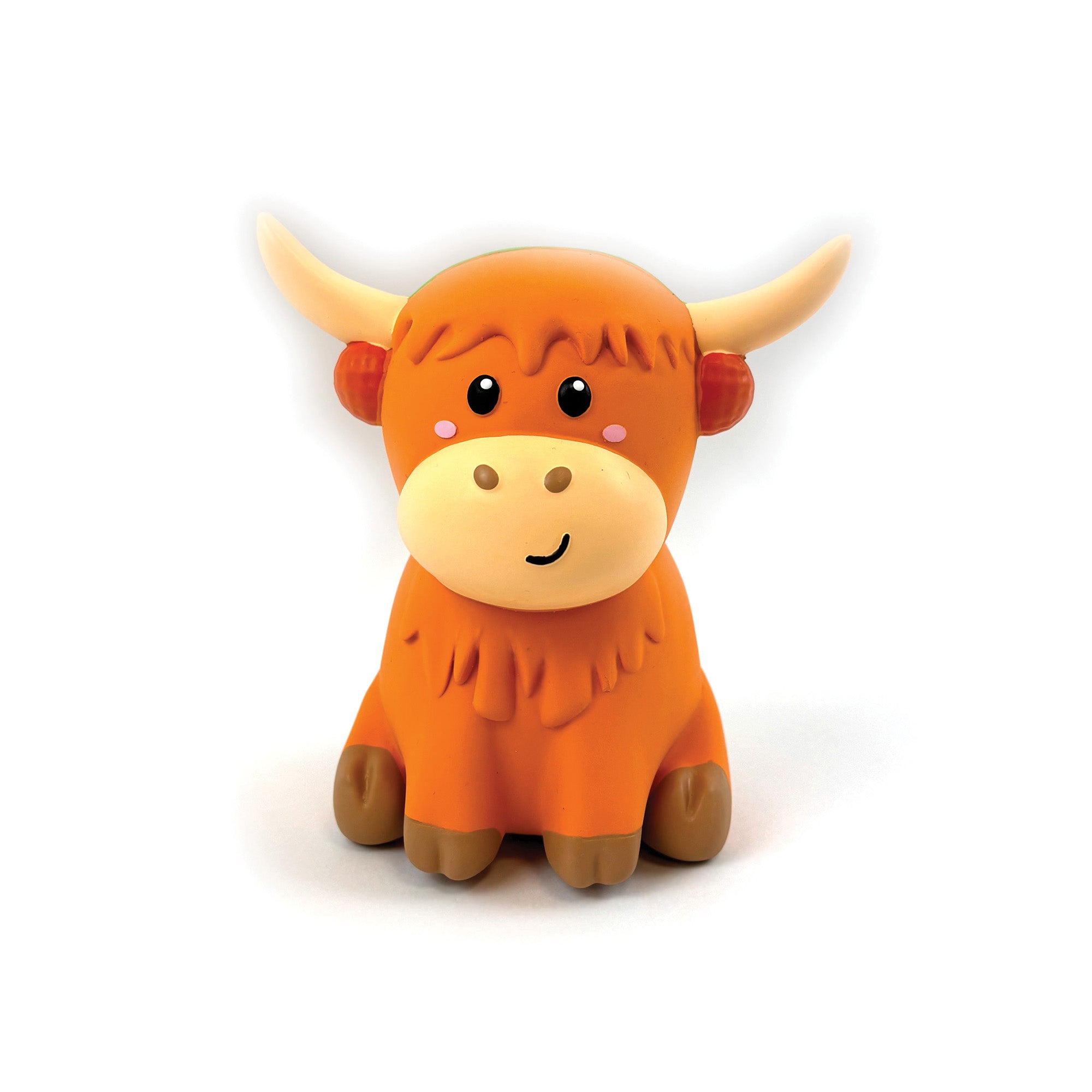 Happy Pet Highland Cow Latex Christmas Dog Toy 15cm - bright orange latex highland cow with cream horns, rosy cheeks, smiling face and textured shaggy mane