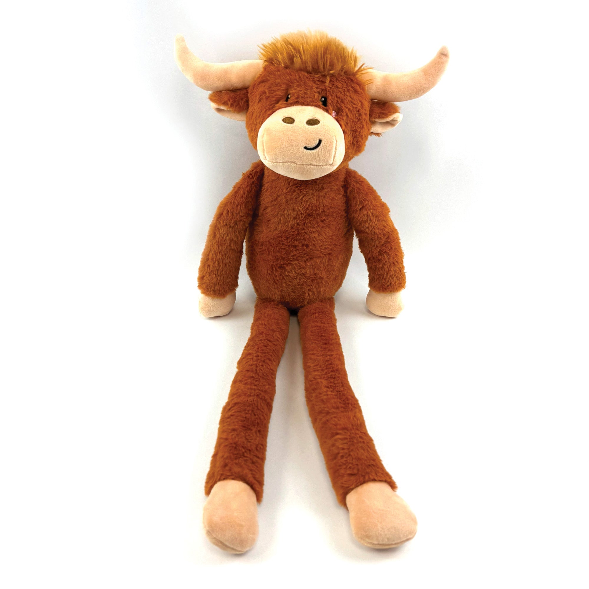 Happy Pet Jumbo Herby Highland Cow Plush Dog Toy 75cm — rich auburn brown plush cow with extra-long floppy legs, cream hooves, large curved horns, fluffy hair and embroidered smiling face