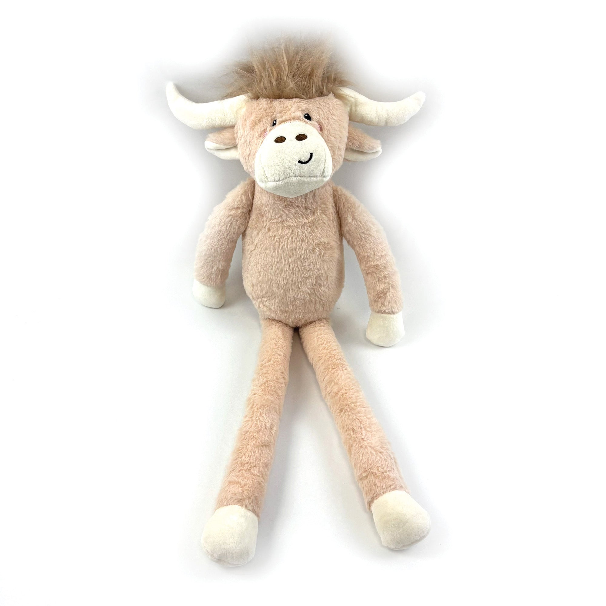 Happy Pet Jumbo Hettie Highland Cow Plush Dog Toy 75cm — soft beige plush cow with extra-long floppy legs, white horns, fluffy hair and embroidered smiling face