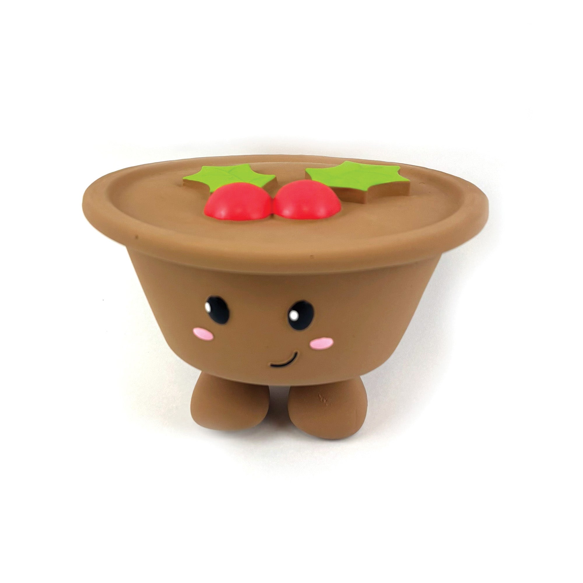 Happy Pet Mince Pie Latex Christmas Dog Toy 11cm — brown character-shaped squeaky latex toy with holly decoration, white background"