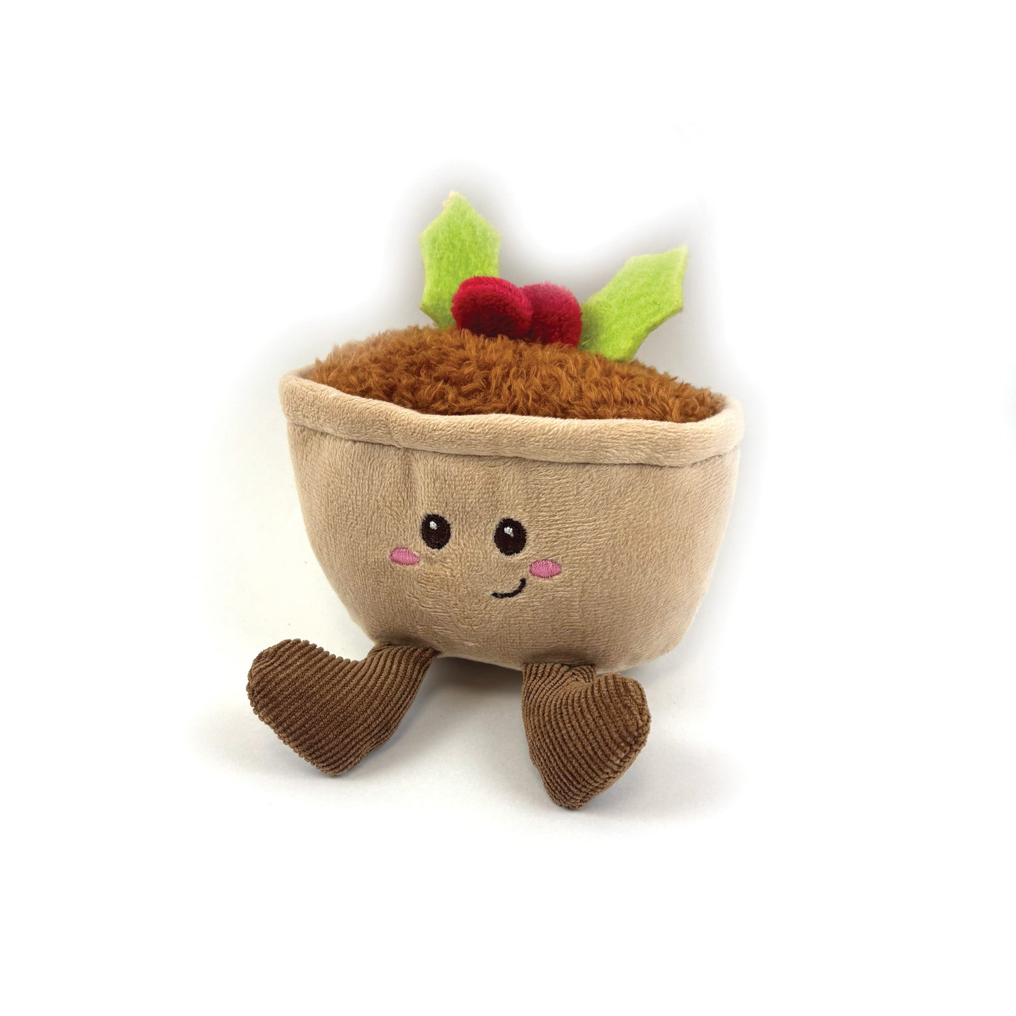 Happy Pet Mince Pie Plush Christmas Dog Toy 15cm — soft plush mince pie character with embroidered face, holly decoration, and corduroy feet