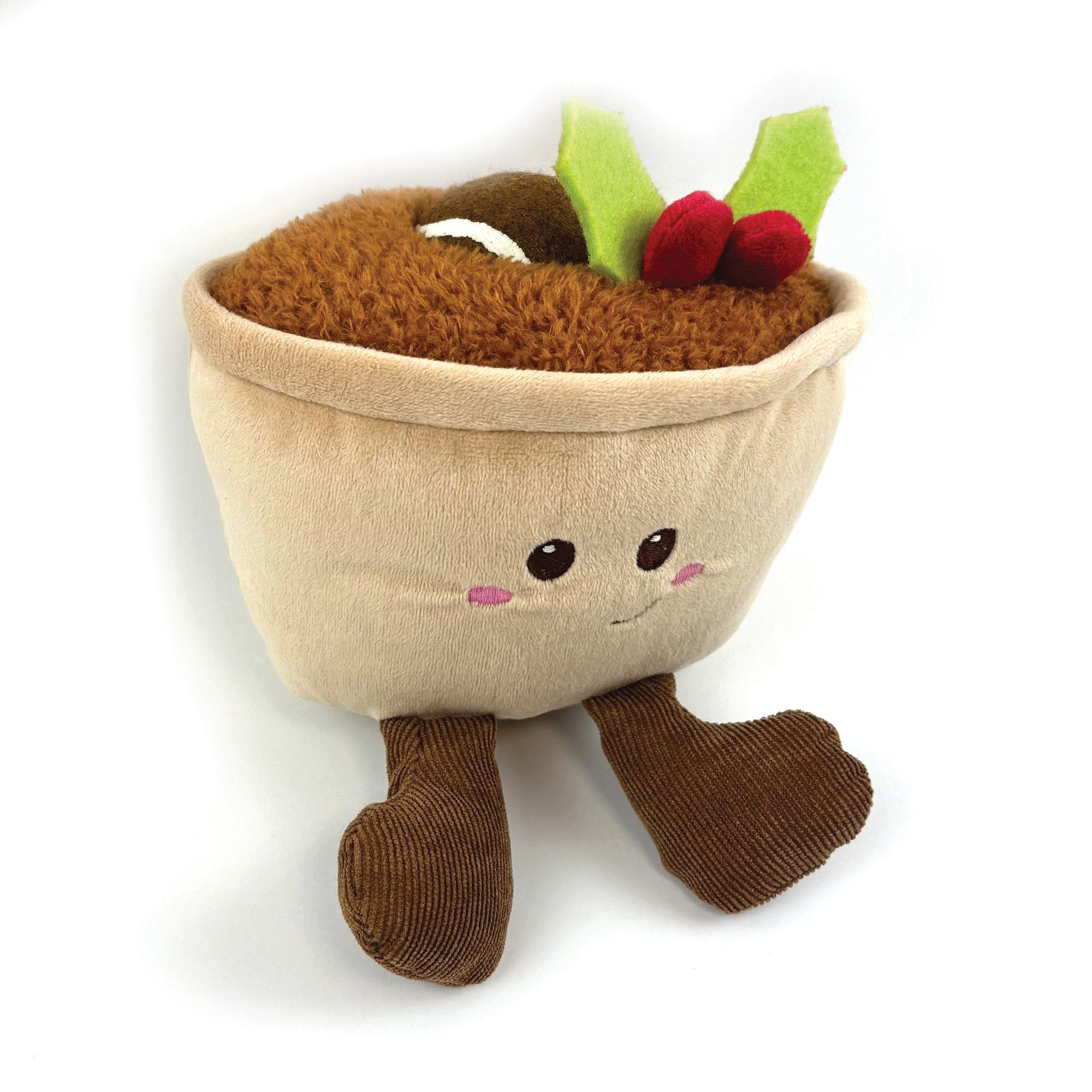 Happy Pet Mince Pie Tennis Ball Plush Christmas Dog Toy 20cm — soft plush mince pie character dog toy with embroidered face, holly and berry detail, and corduroy legs, on a white background