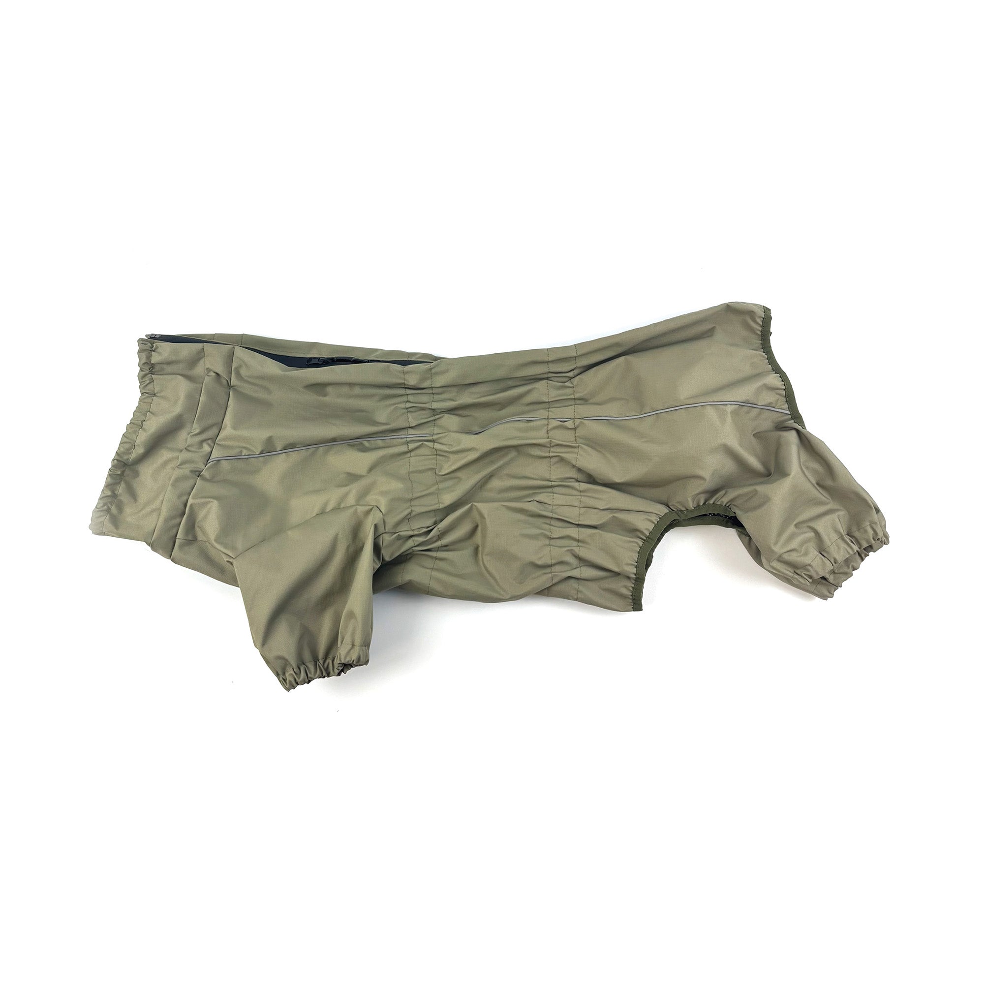 Happy Pet Olive Green Waterproof Dog Coat laid flat, showing elasticated leg openings, zip fastening along the back, and full-coverage waterproof body