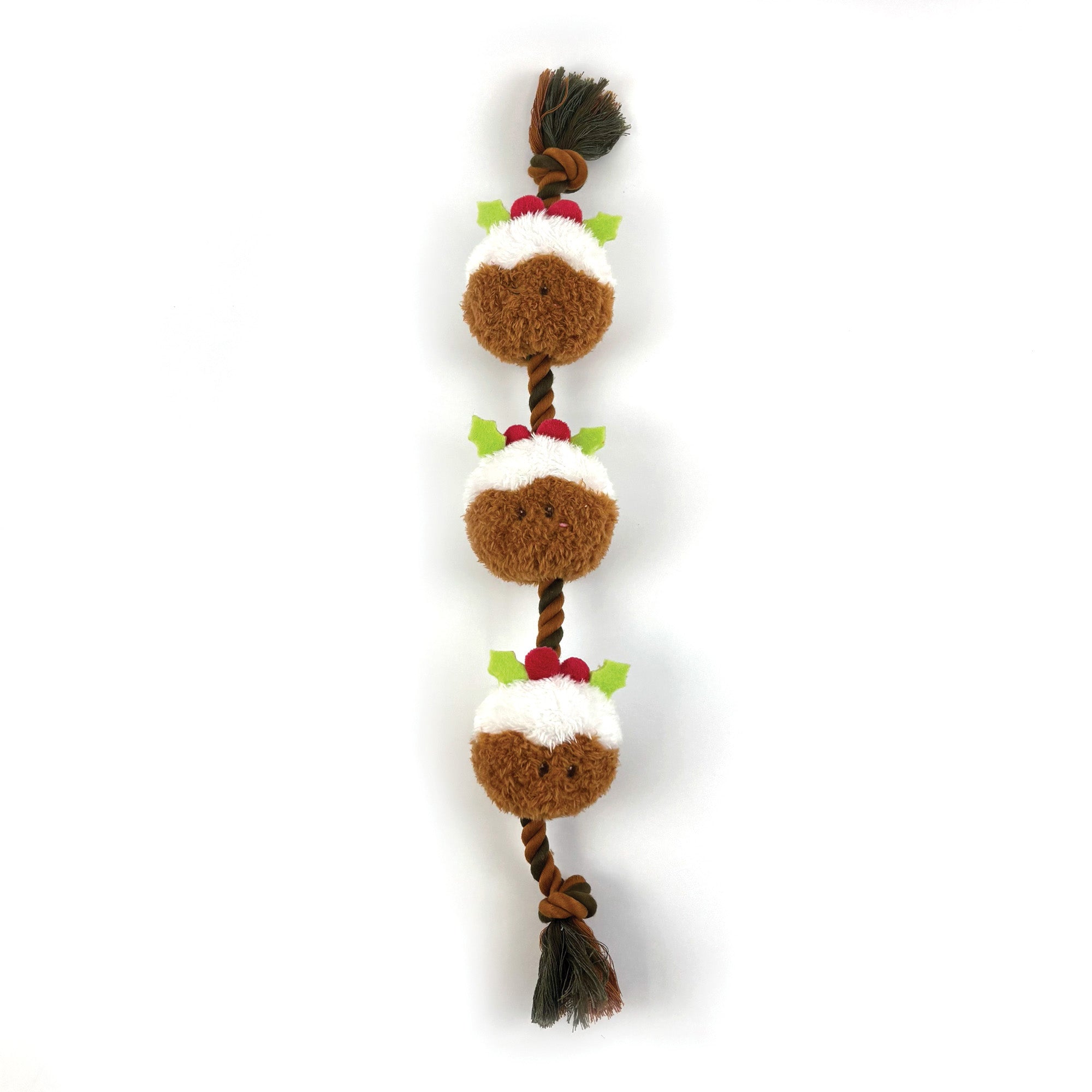 Happy Pet String of Puds Rope Christmas Dog Toy 55cm — three plush Christmas pudding squeaky toys on a brown rope with knotted ends, on a white background