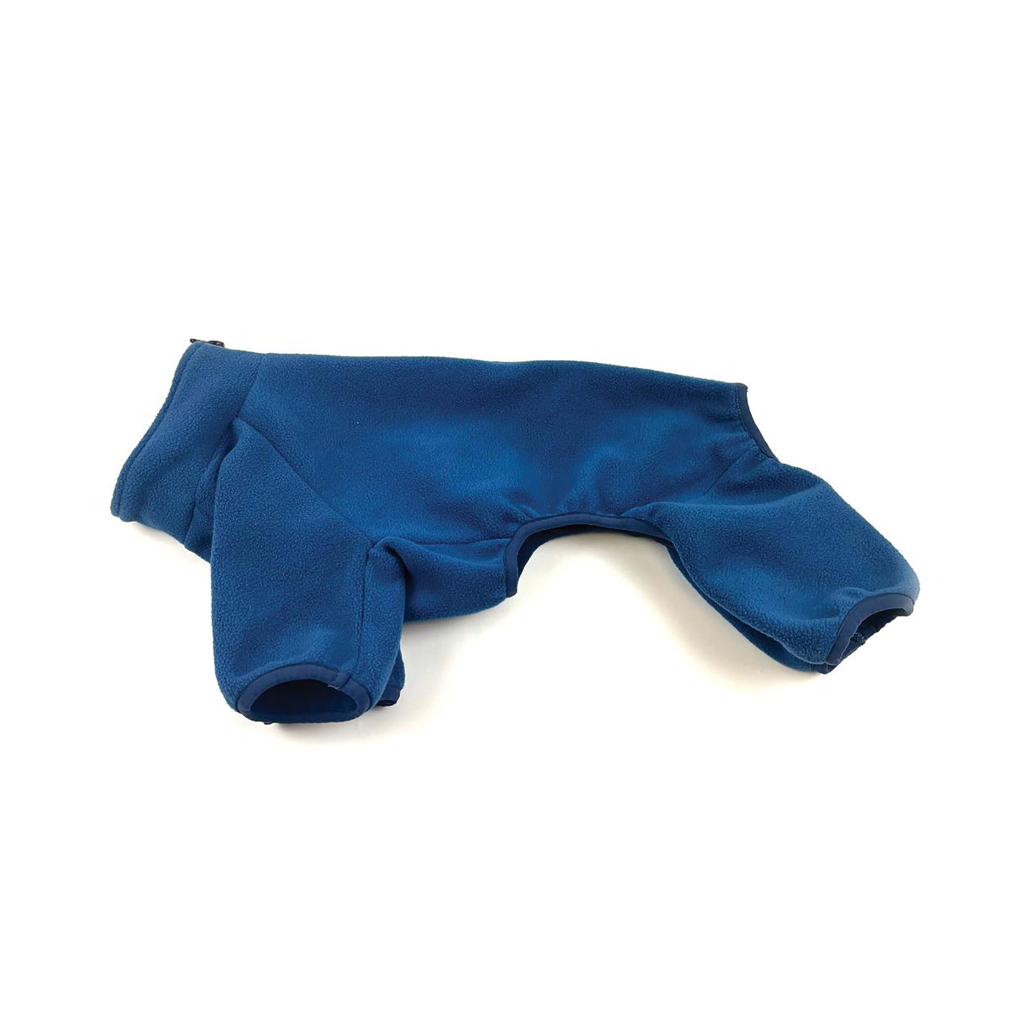 Happy Pet Cobalt Blue Water Repellant Long Leg Dog Fleece laid flat, showing full-body coverage with four integrated leg openings and zip fastening along the back