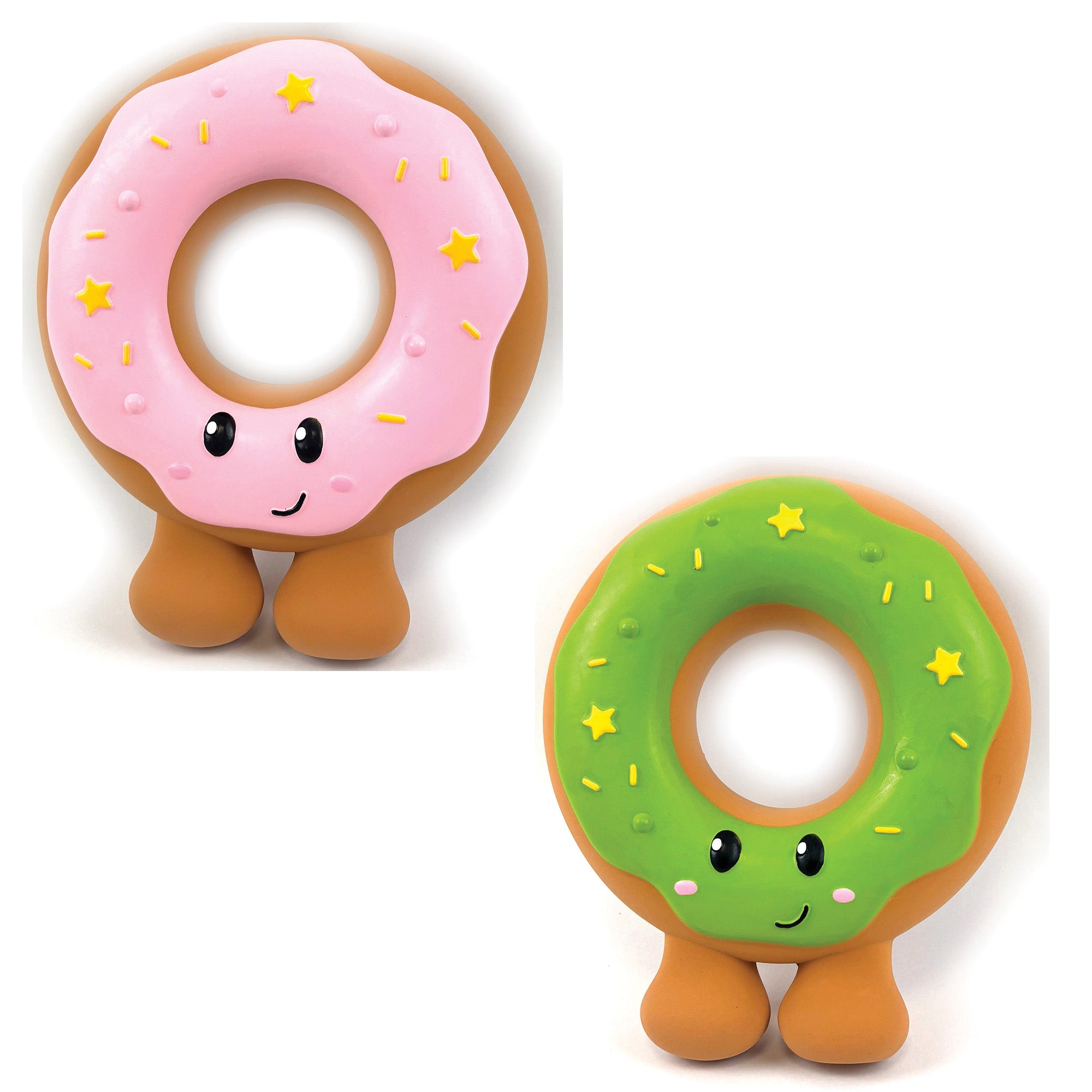 Happy Pet Festive Donut Latex Christmas Dog Toy 18cm — pink and green donut character dog toys with smiley faces, yellow star and sprinkle details, on a white background