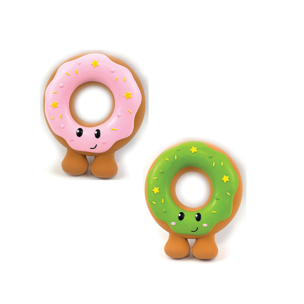 Happy Pet Festive Donut Latex Christmas Dog Toy — two donut-shaped latex dog toys with cute smiley faces and legs, one pink and one green with yellow star and sprinkle details