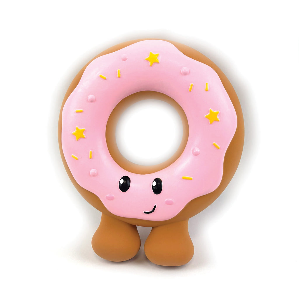 Happy Pet Festive Donut Latex Christmas Dog Toy 18cm — pink donut character dog toy with smiley face, yellow stars and sprinkle details, on a white background