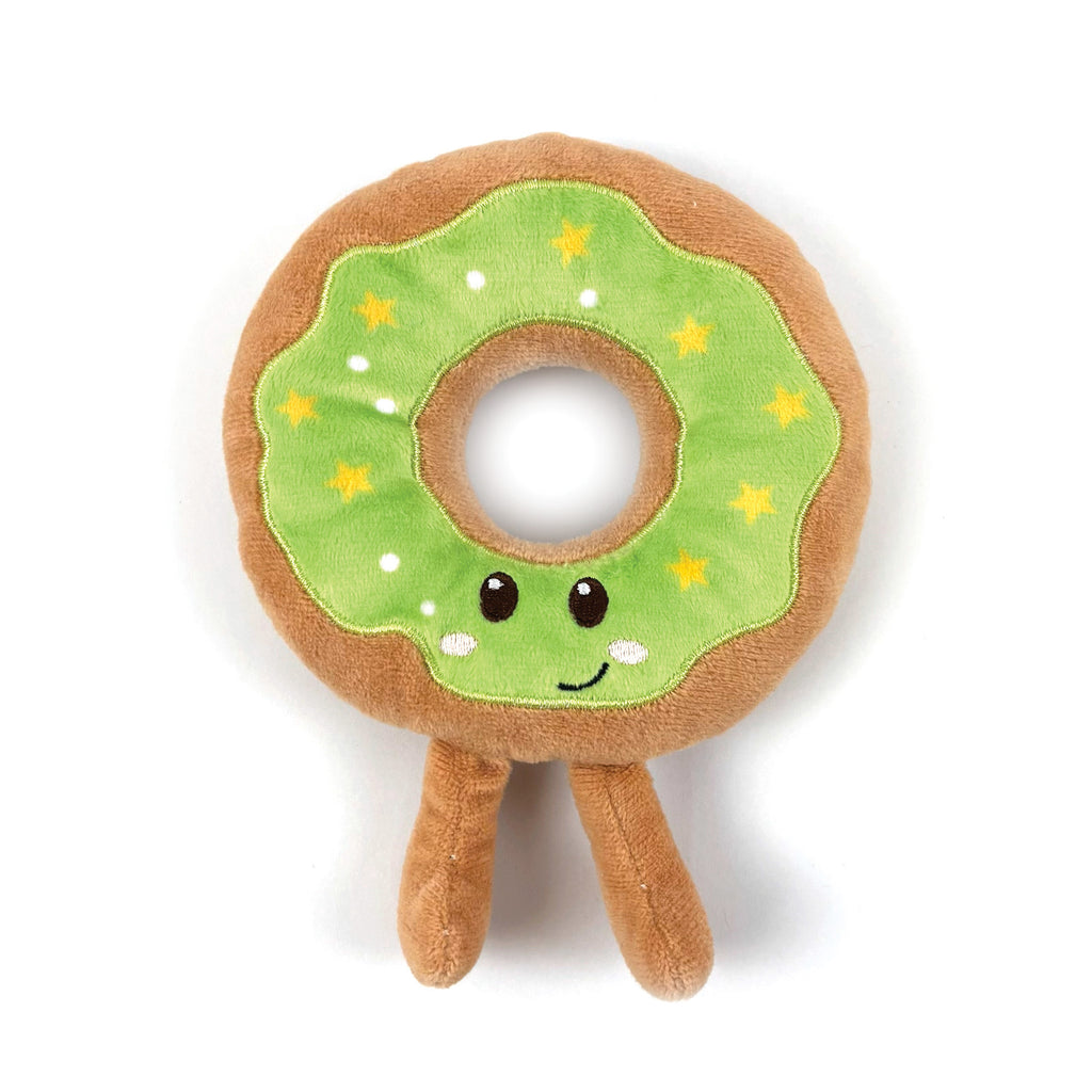 Happy Pet Festive Donut Plush Christmas Dog Toy 16cm Green - brown plush donut with green icing, yellow star embroidery, white dot details, smiley face and two plush legs
