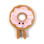 Happy Pet Festive Donut Plush Christmas Dog Toy 16cm Pink - brown plush donut with pink icing, yellow star embroidery, rosy cheeks, smiley face and two plush legs