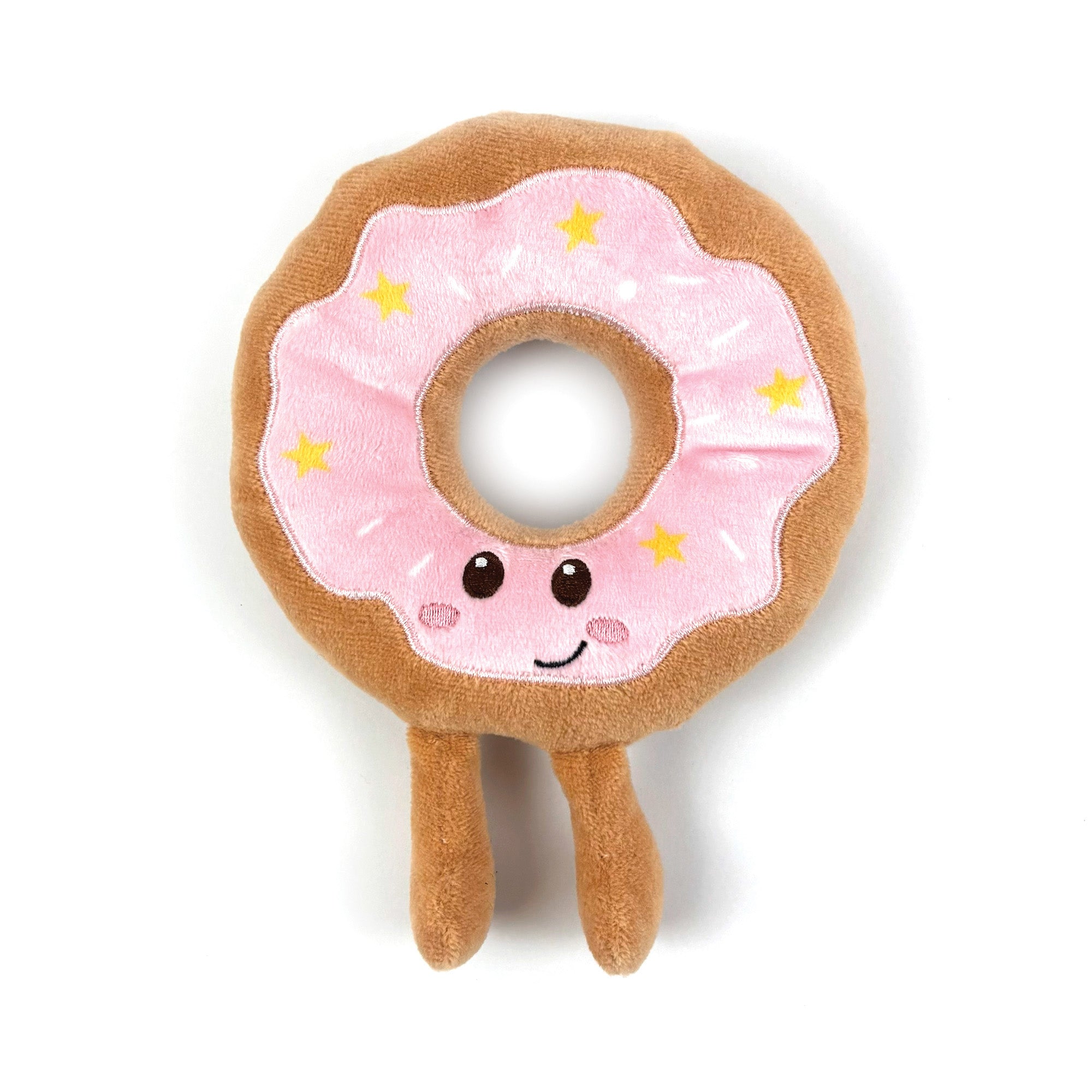Happy Pet Festive Donut Plush Christmas Dog Toy 16cm Pink - brown plush donut with pink icing, yellow star embroidery, rosy cheeks, smiley face and two plush legs