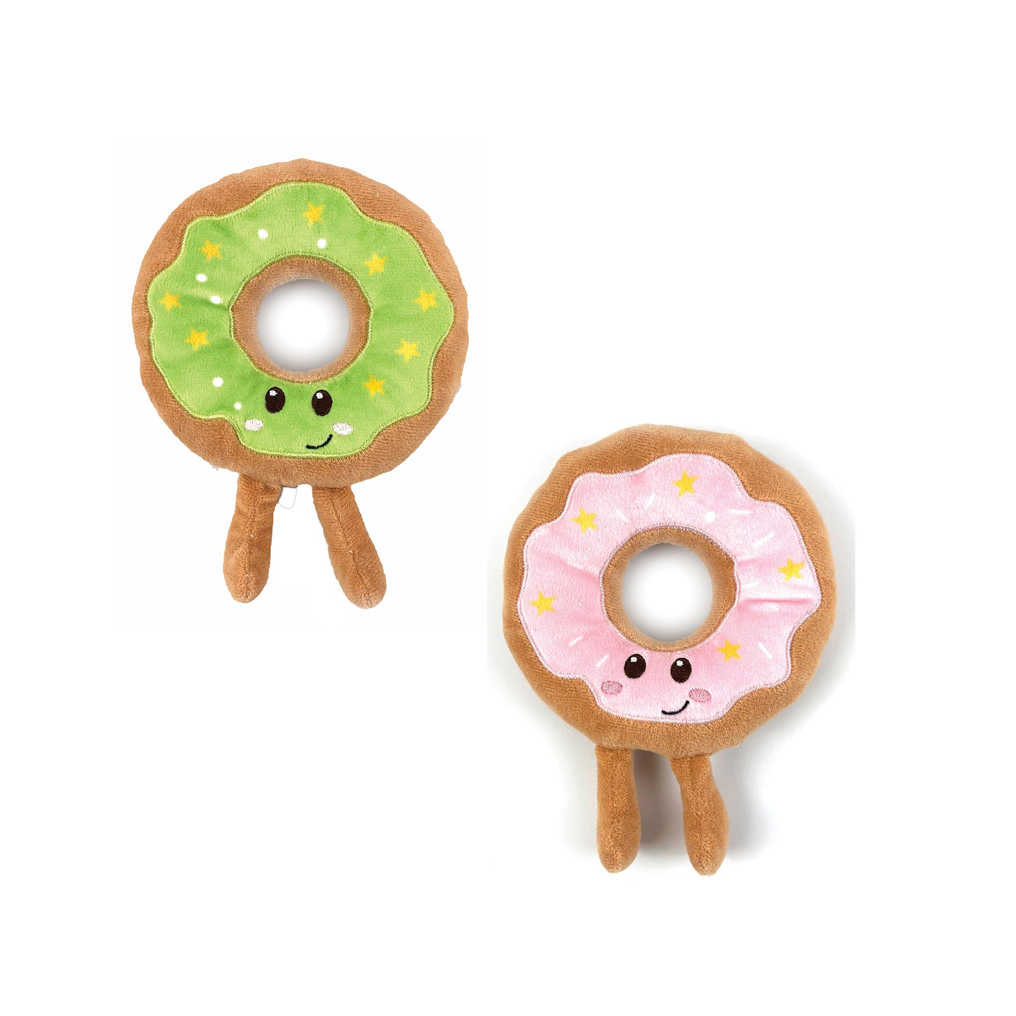 Happy Pet Festive Donut Plush Christmas Dog Toy 16cm - both colour variants shown together, green icing and pink icing plush donut dog toys with yellow star embroidery, smiley faces and plush legs