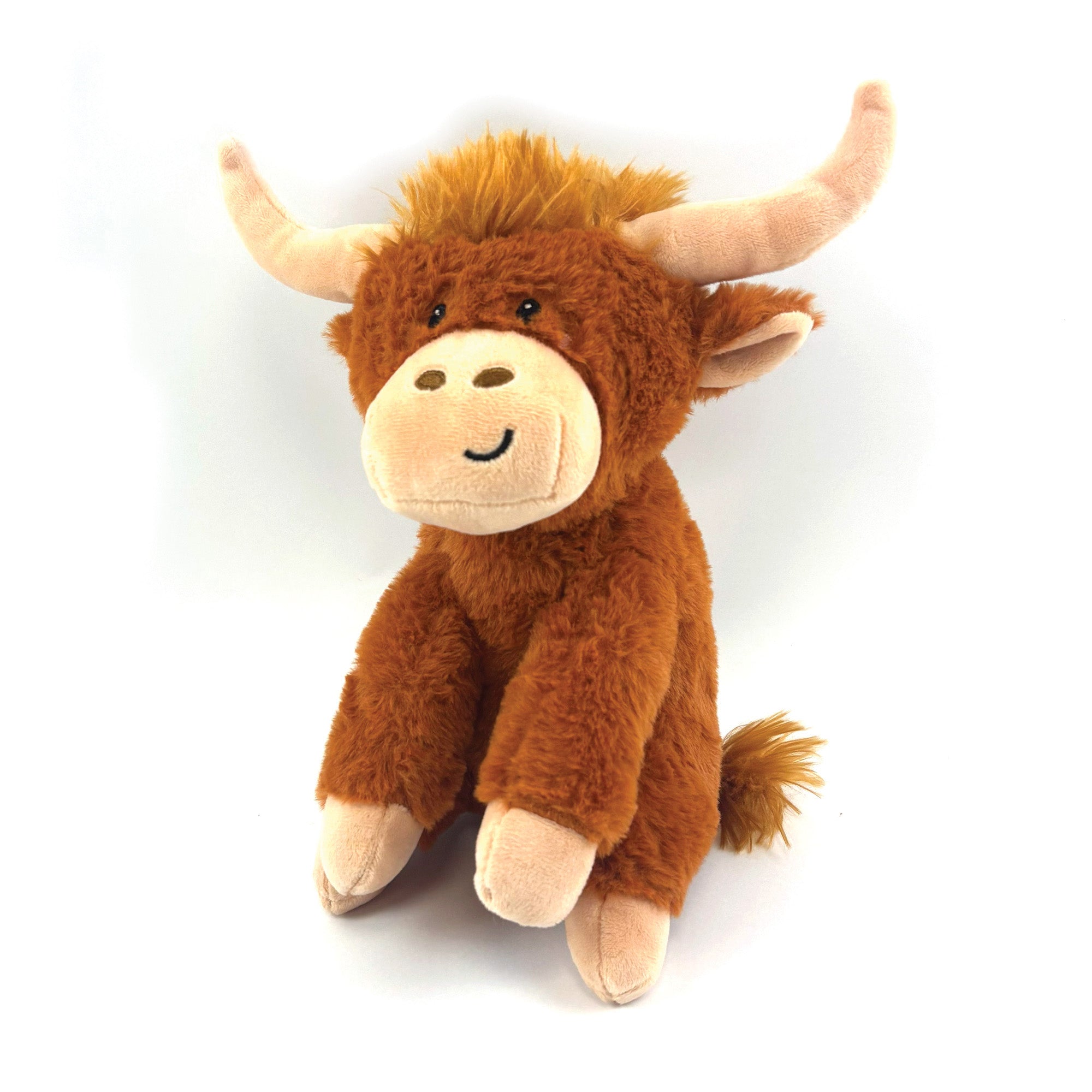 Happy Pet Herby Highland Cow Plush Christmas Dog Toy 25cm - rich brown shaggy plush highland cow with large curved horns, embroidered smile and fluffy tail