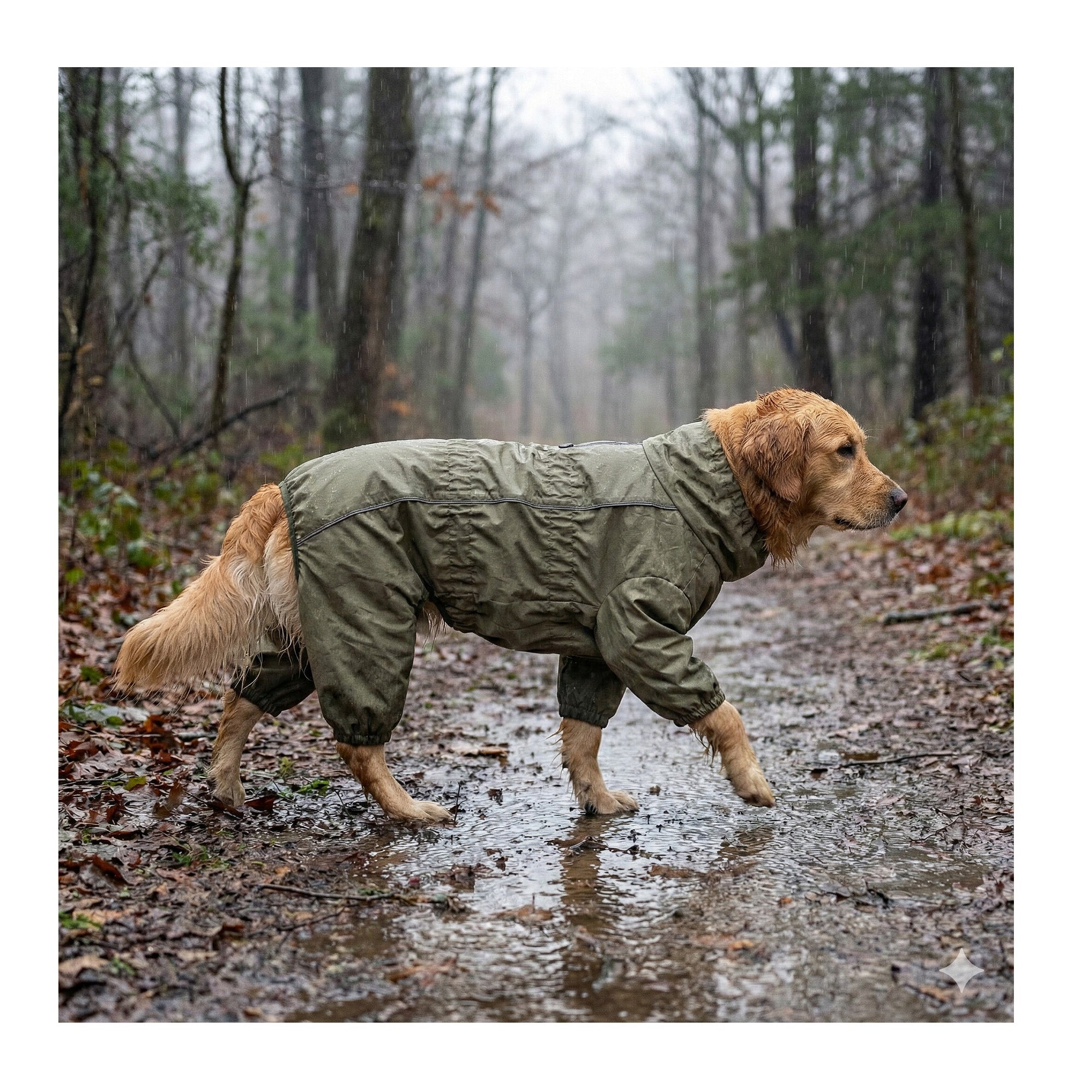 Golden Retriever wearing the Happy Pet Olive Green Waterproof Dog Coat on a muddy forest trail in the rain, showing full-body coverage and elasticated leg openings