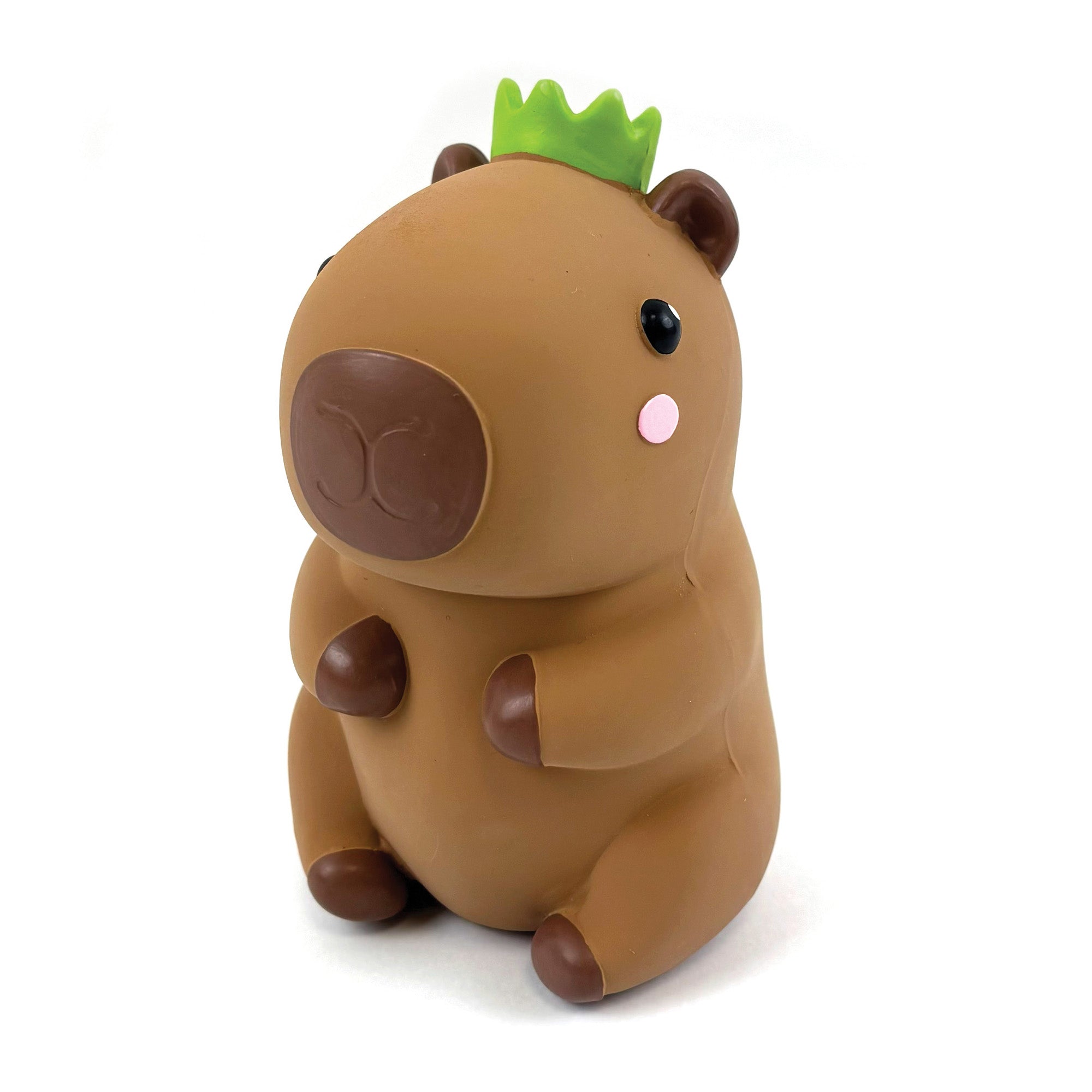 Happy Pet Capybara Latex Dog Toy — durable brown latex capybara character with green crown, sitting upright on white background