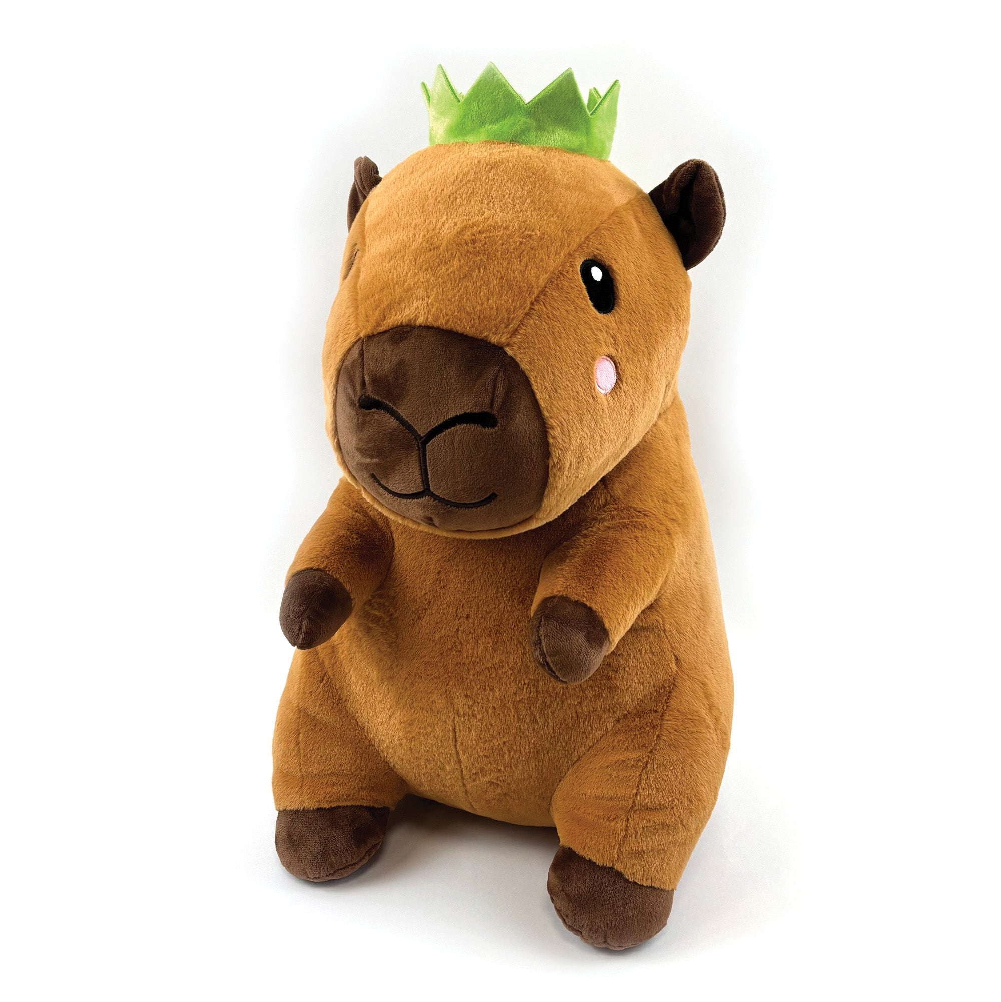 Happy Pet Corby Capybara Plush Dog Toy — super-soft brown plush capybara character with green crown and winking expression, on white background