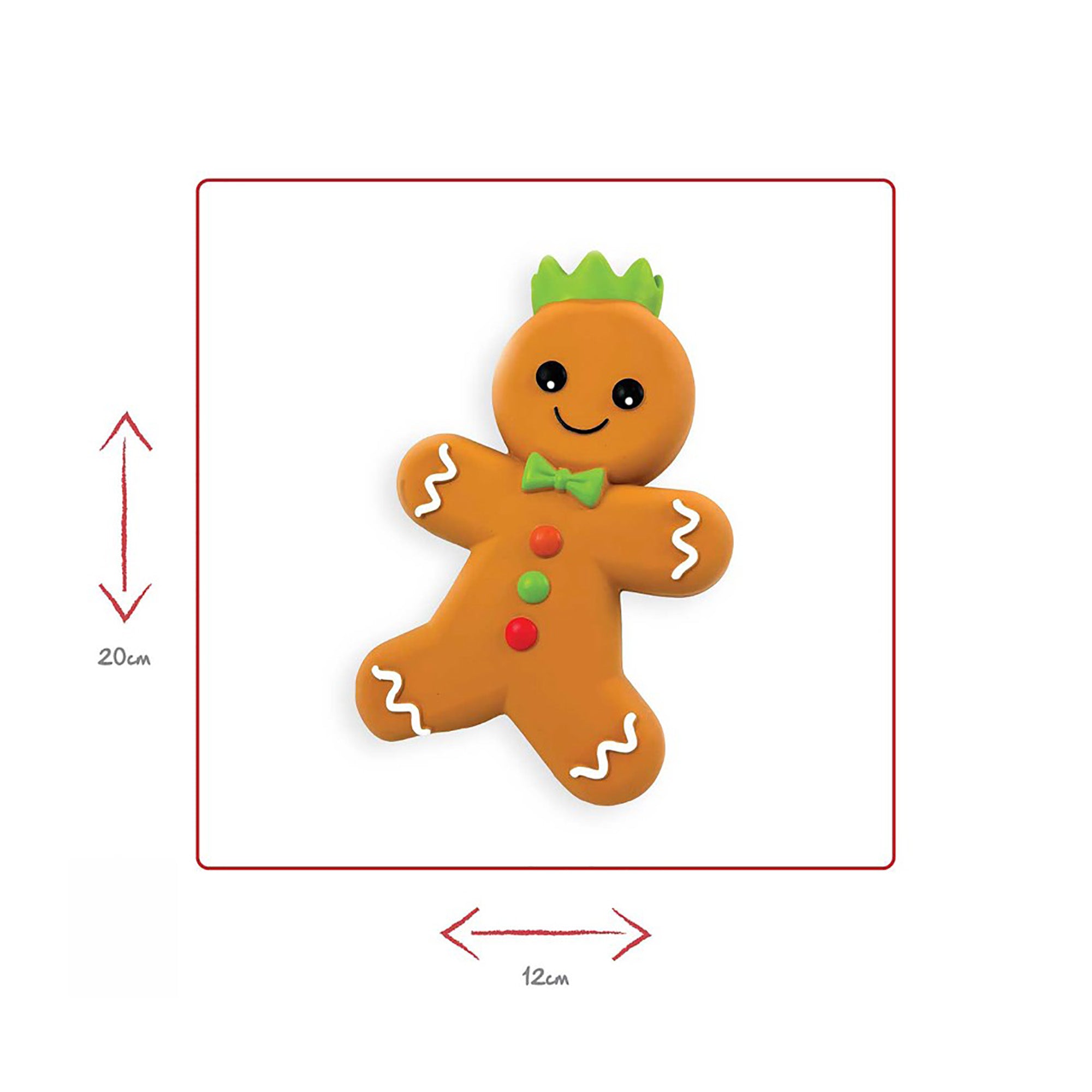 Happypet Gingerbread Christmas Latex Dog Toy 20cm — brown gingerbread man latex dog toy with green holly crown, green bow tie, red and green buttons and white icing detail, white background