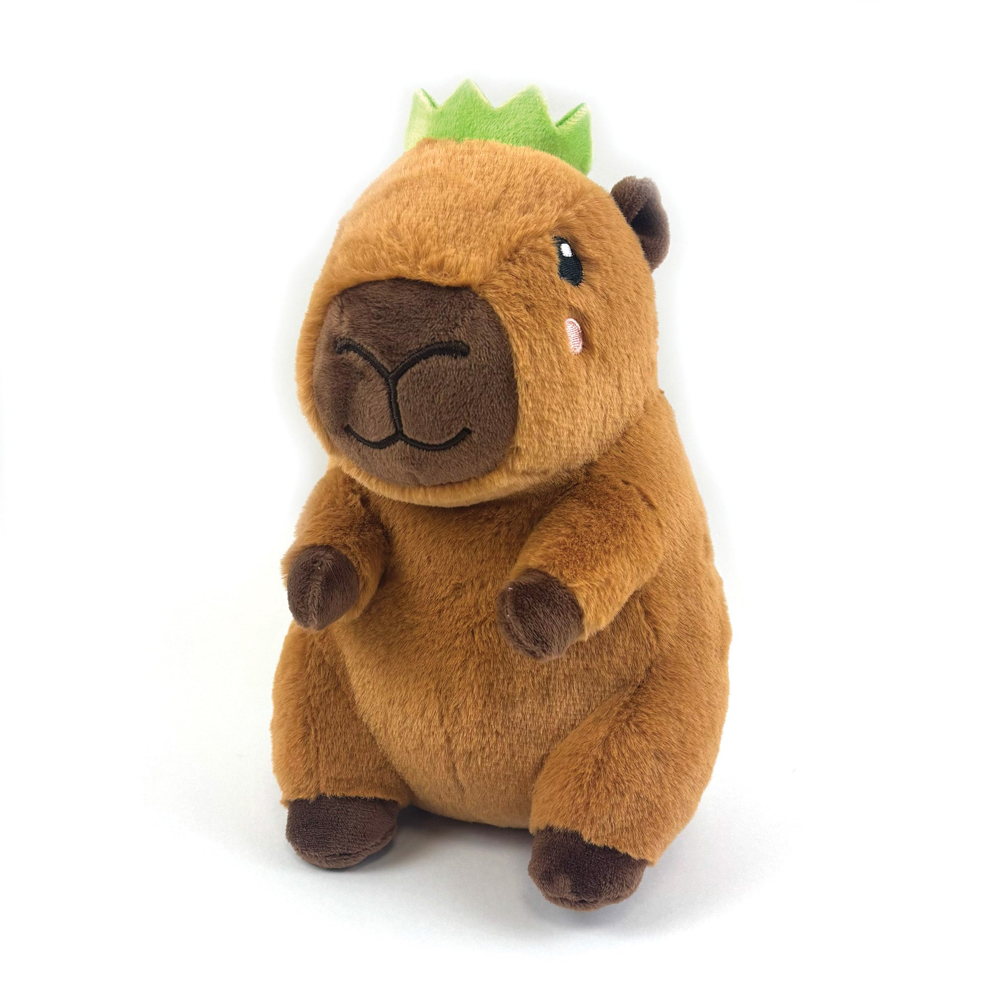 Happy Pet Jumbo Corby Capybara Dog Toy — ultra-soft brown plush capybara character with green crown, sitting upright on white background