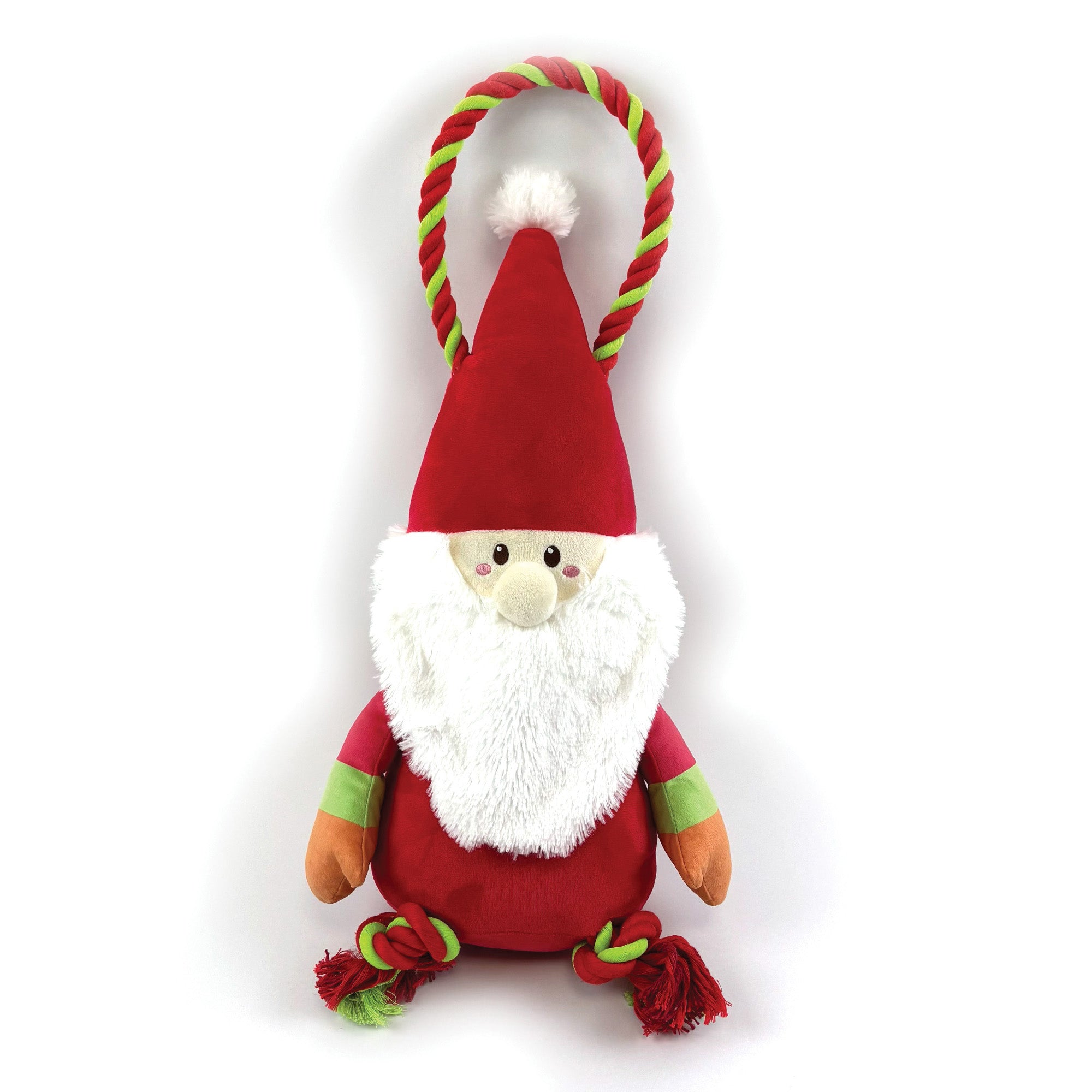 Happypet Jumbo Santa Paws Rope Tug Dog Toy — red plush Santa figure with white beard, red and green twisted rope loop handle and knotted rope feet