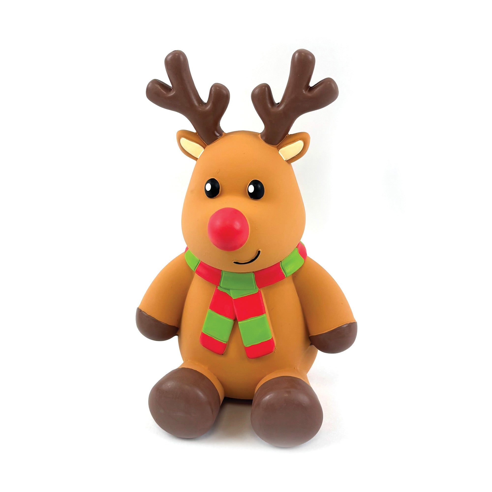 Happypet Ralph Reindeer Christmas Latex Dog Toy 18cm — tan latex reindeer with brown antlers, red nose and red and green striped Christmas scarf, white background
