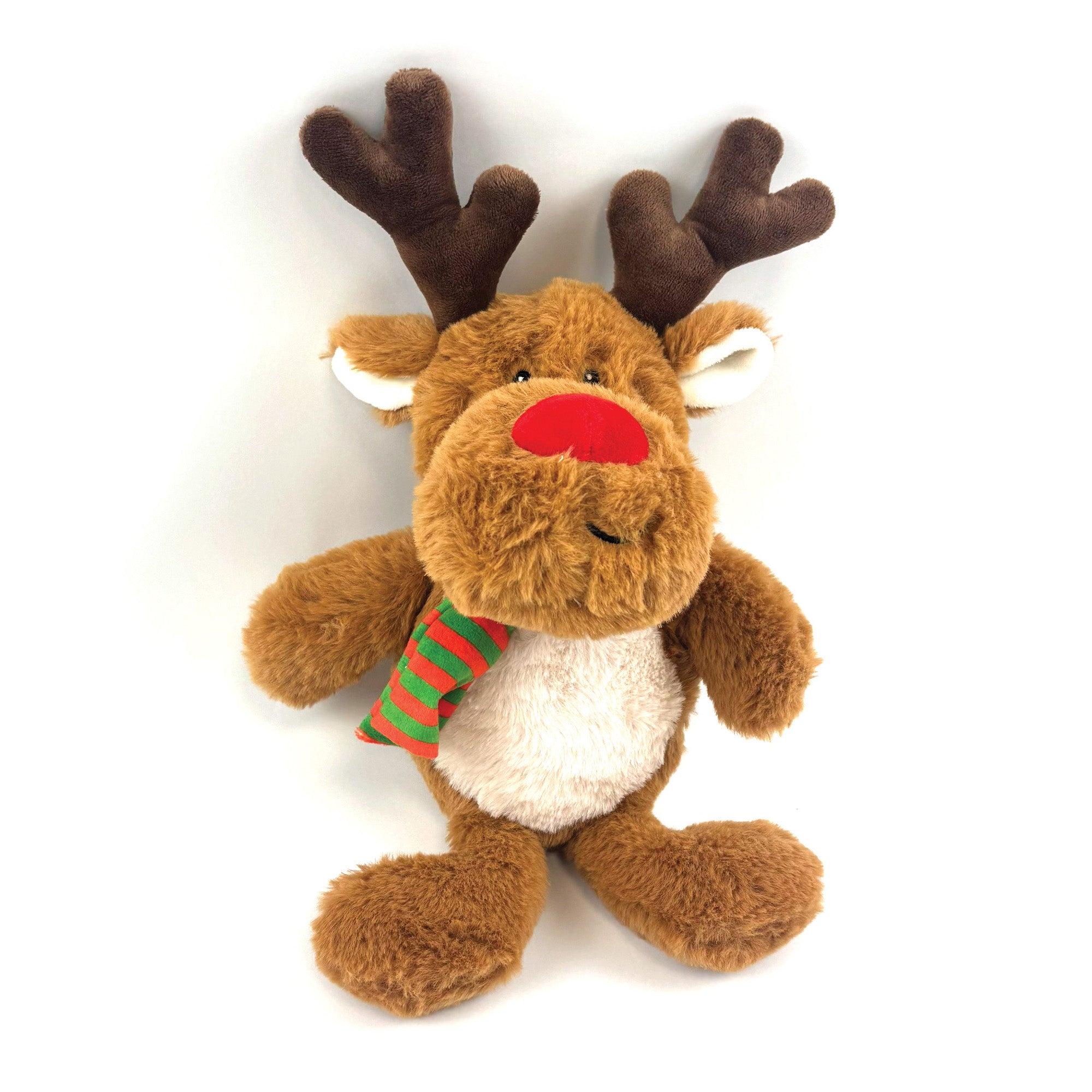 Happypet Ralph Reindeer Plush Dog Toy — brown and cream plush reindeer with dark brown fuzzy antlers, red nose and red and green striped Christmas scarf