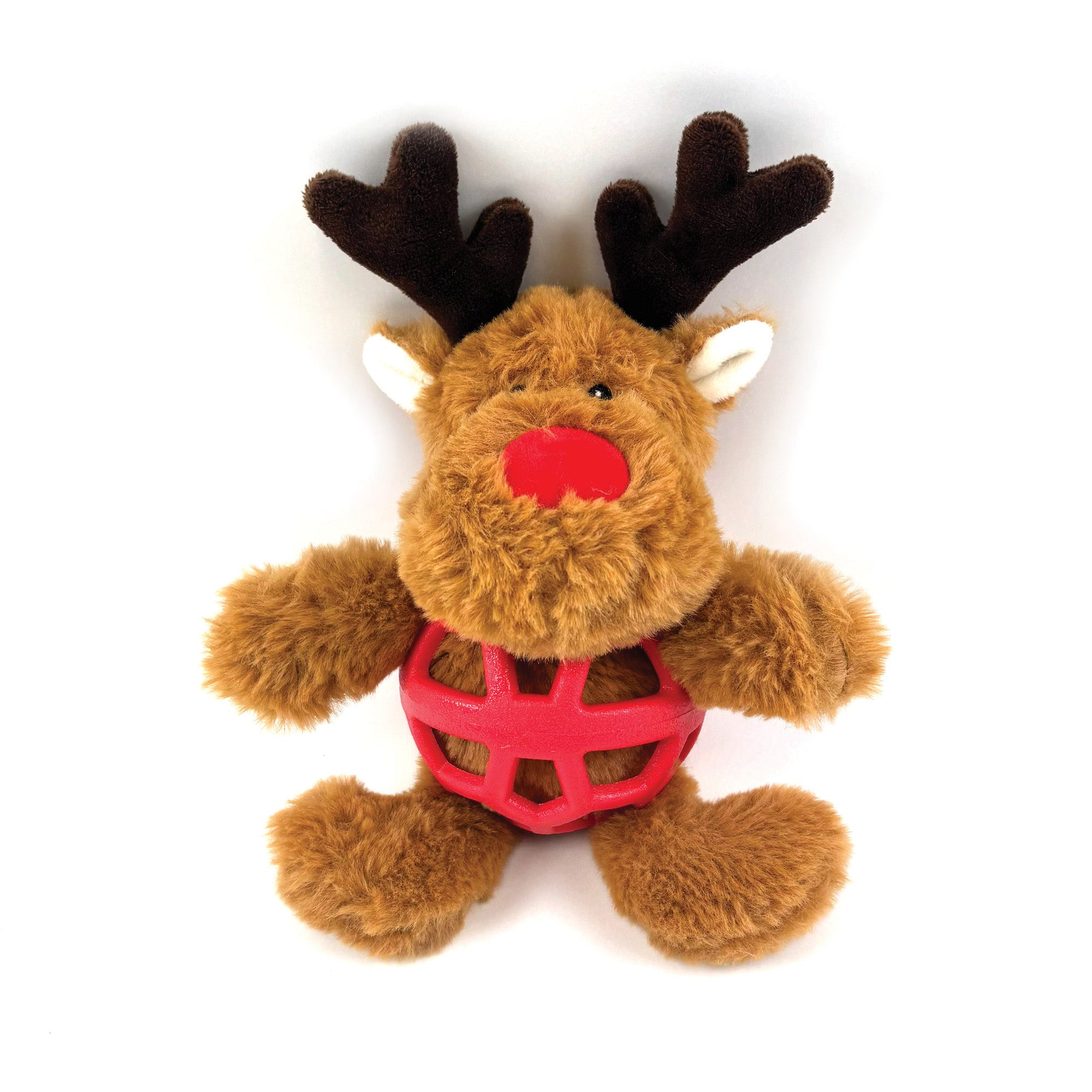 Happypet Ralph Reindeer TPR & plush Christmas dog toy — brown fluffy reindeer with dark brown antlers, red nose and red lattice TPR body, white background