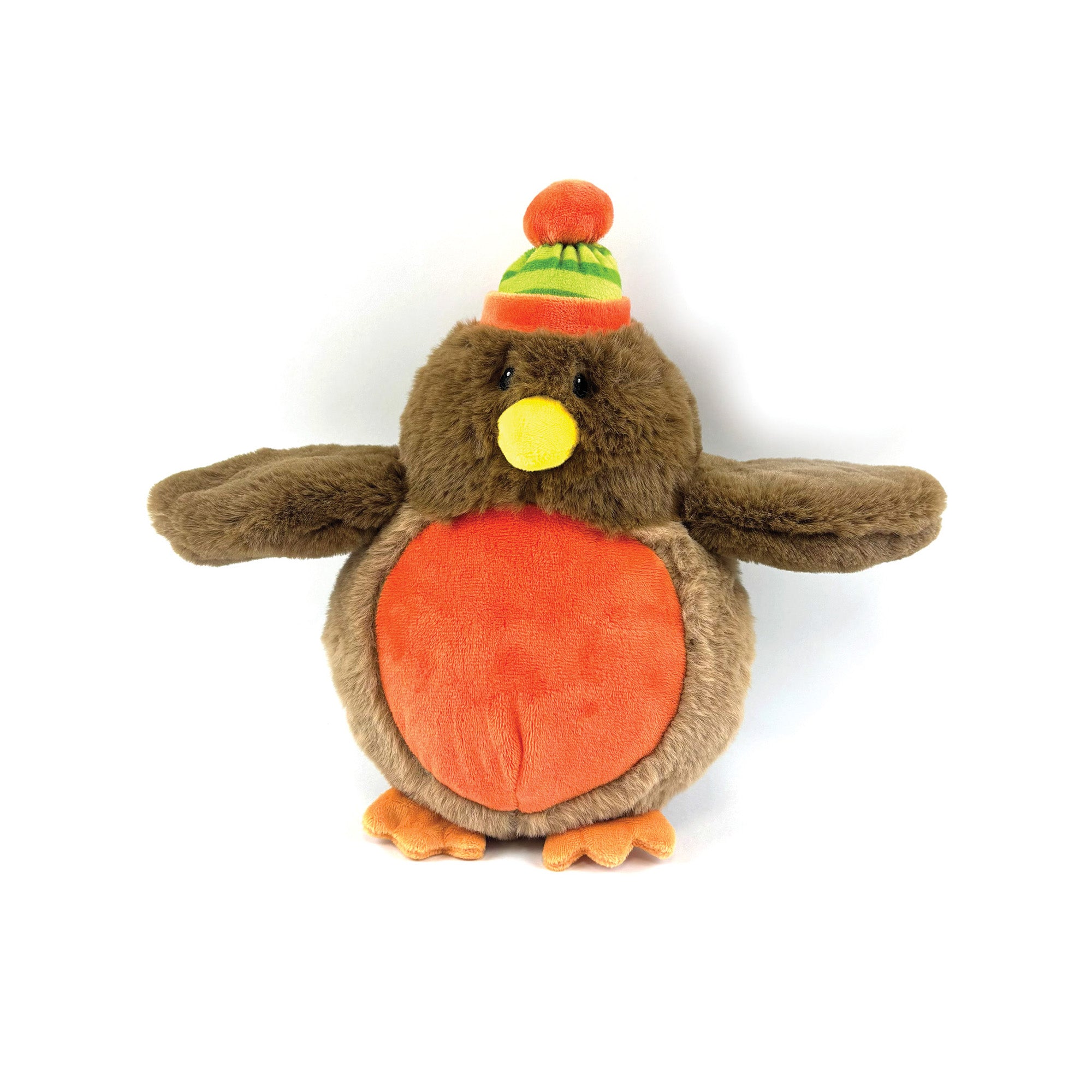 Happypet Rolo Robin Christmas Plush Dog Toy 28cm — brown and orange robin with red breast, yellow beak, orange feet and striped green and orange bobble hat, white background