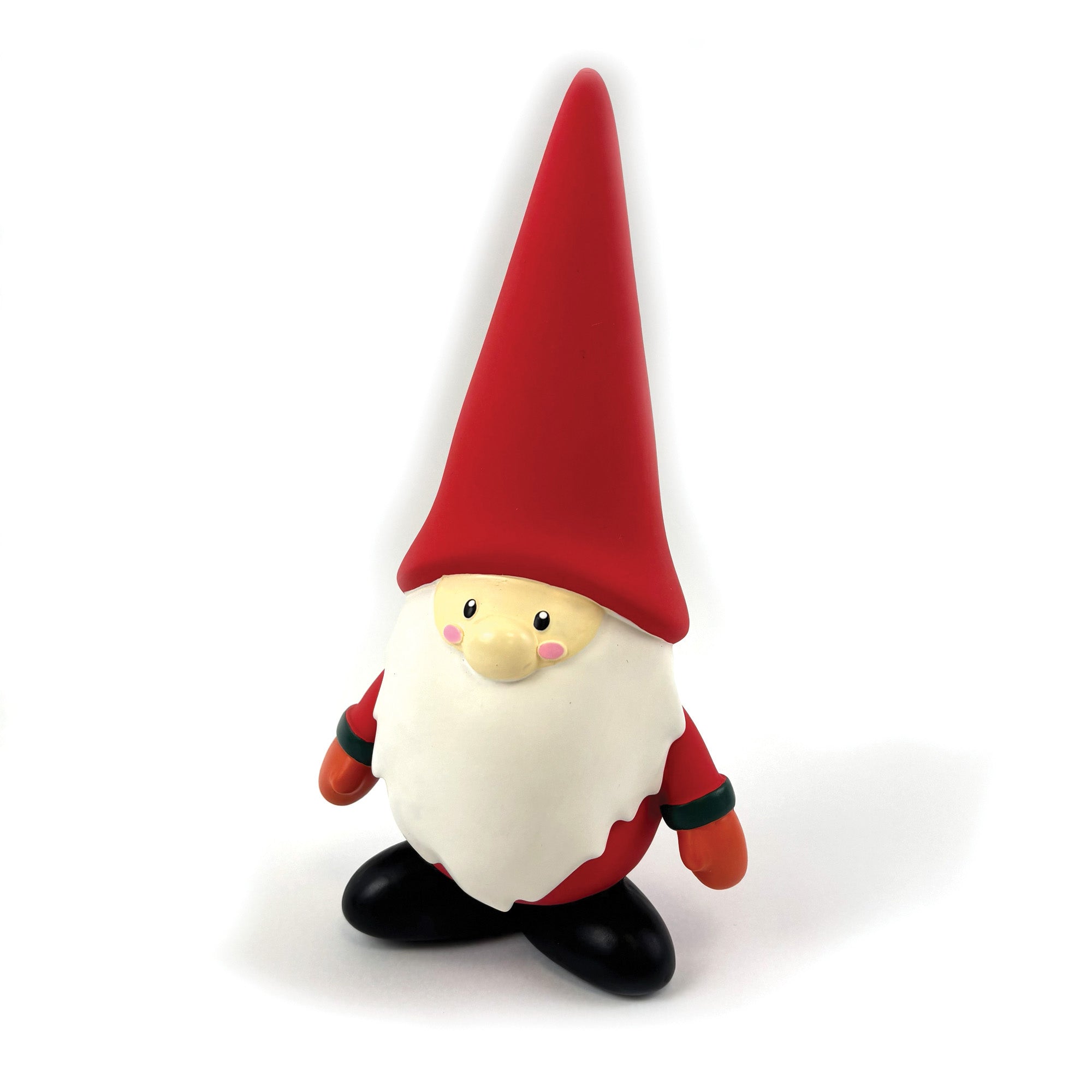 Happy Pet Santa Paws Latex Dog Toy — durable latex Christmas gnome character with tall red hat, white beard, red suit and black boots, on white background