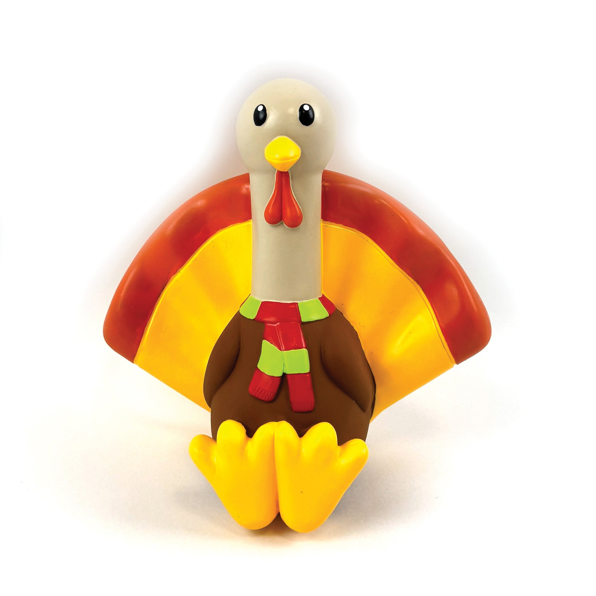 Happy Pet Turkey Latex Dog Toy — colourful latex turkey character with orange fan tail, yellow feet, and festive red and green scarf