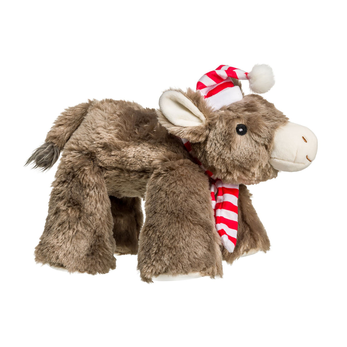 A plush donkey toy in brown faux fur, wearing a red and white striped Santa hat and matching scarf, set against a plain white background.