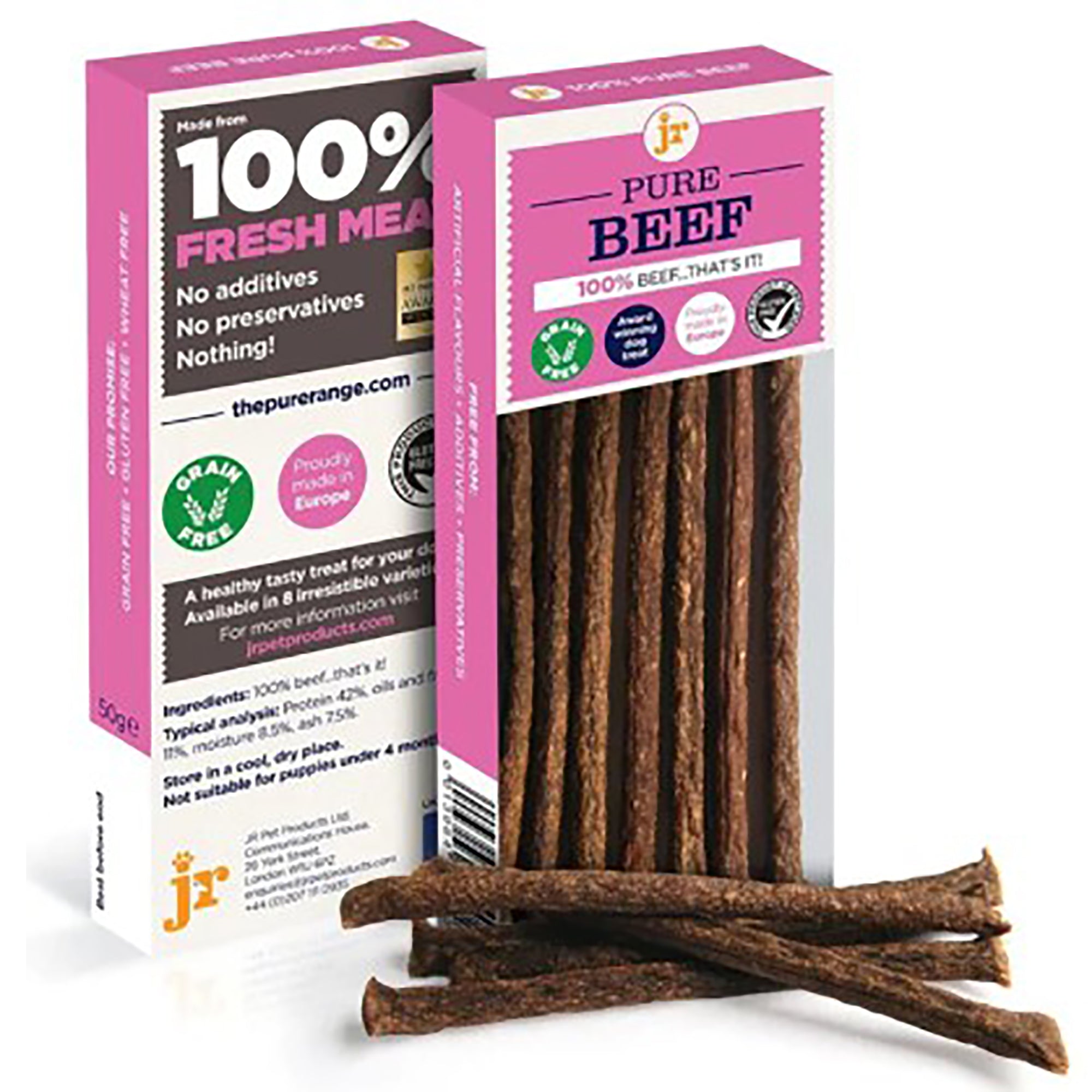Pure Beef treats with packaging on a white background