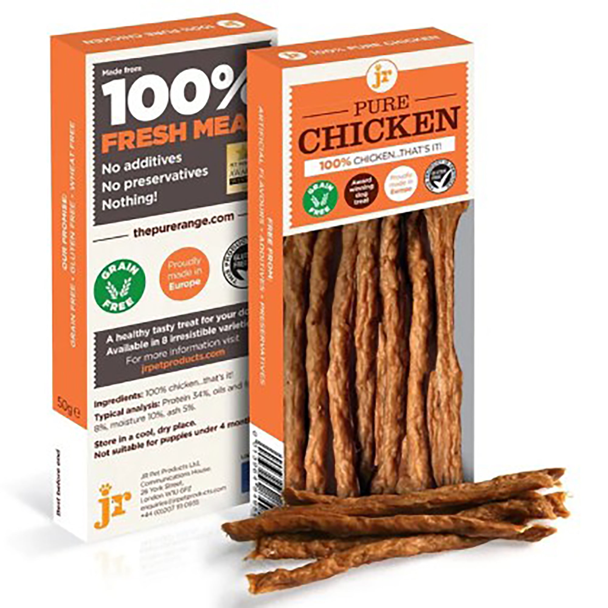 Pure Chicken dog treat packaging with visible treats on a white background