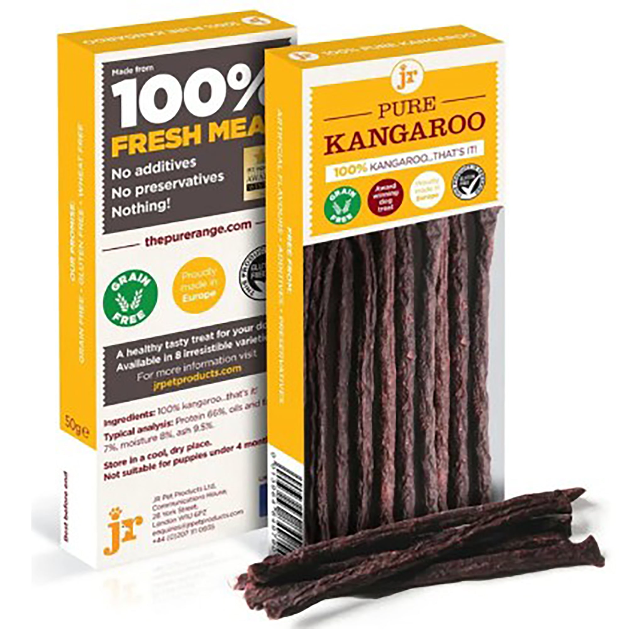 Pure Kangaroo dog treat packaging with visible treats on a white background