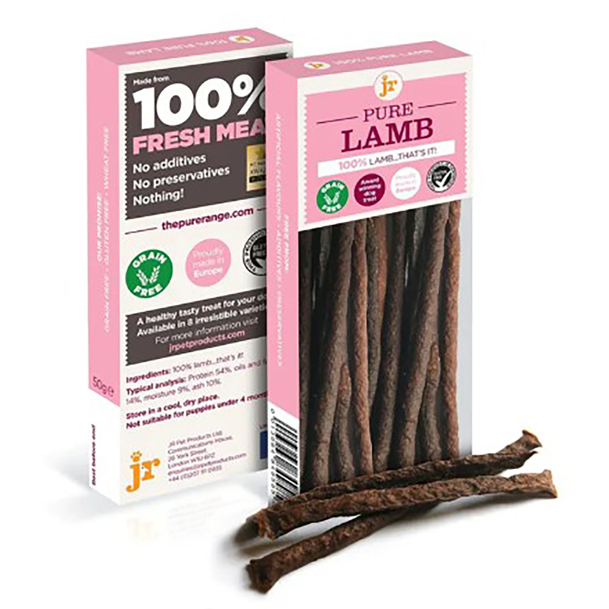 Pure Lamb product packaging with visible meat sticks on a white background