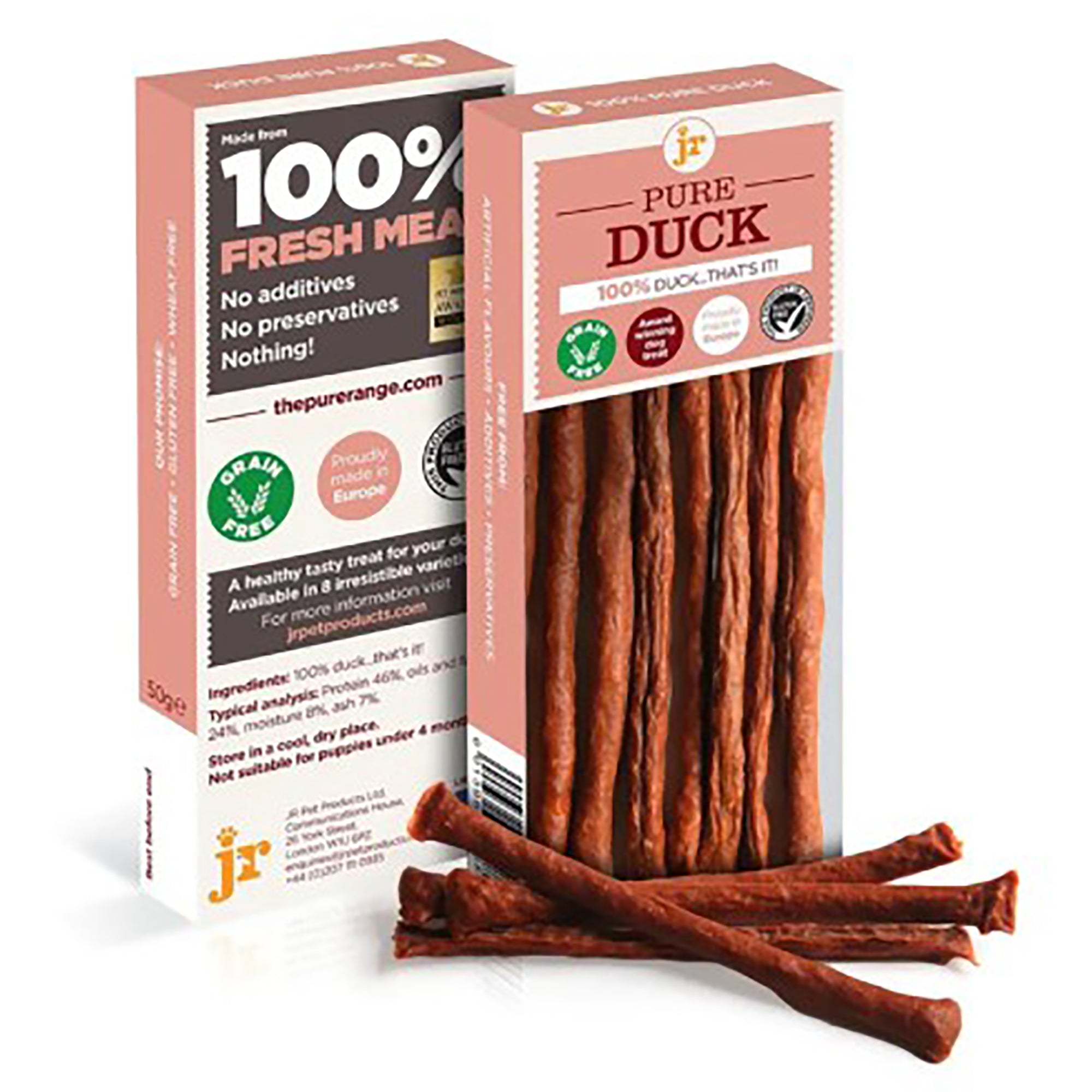 Pure duck sticks with packaging displayed on a white background