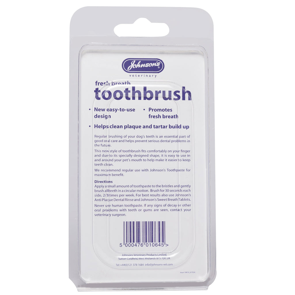 Packaged dog toothbrush with Johnson's Veterinary Care branding on a white background