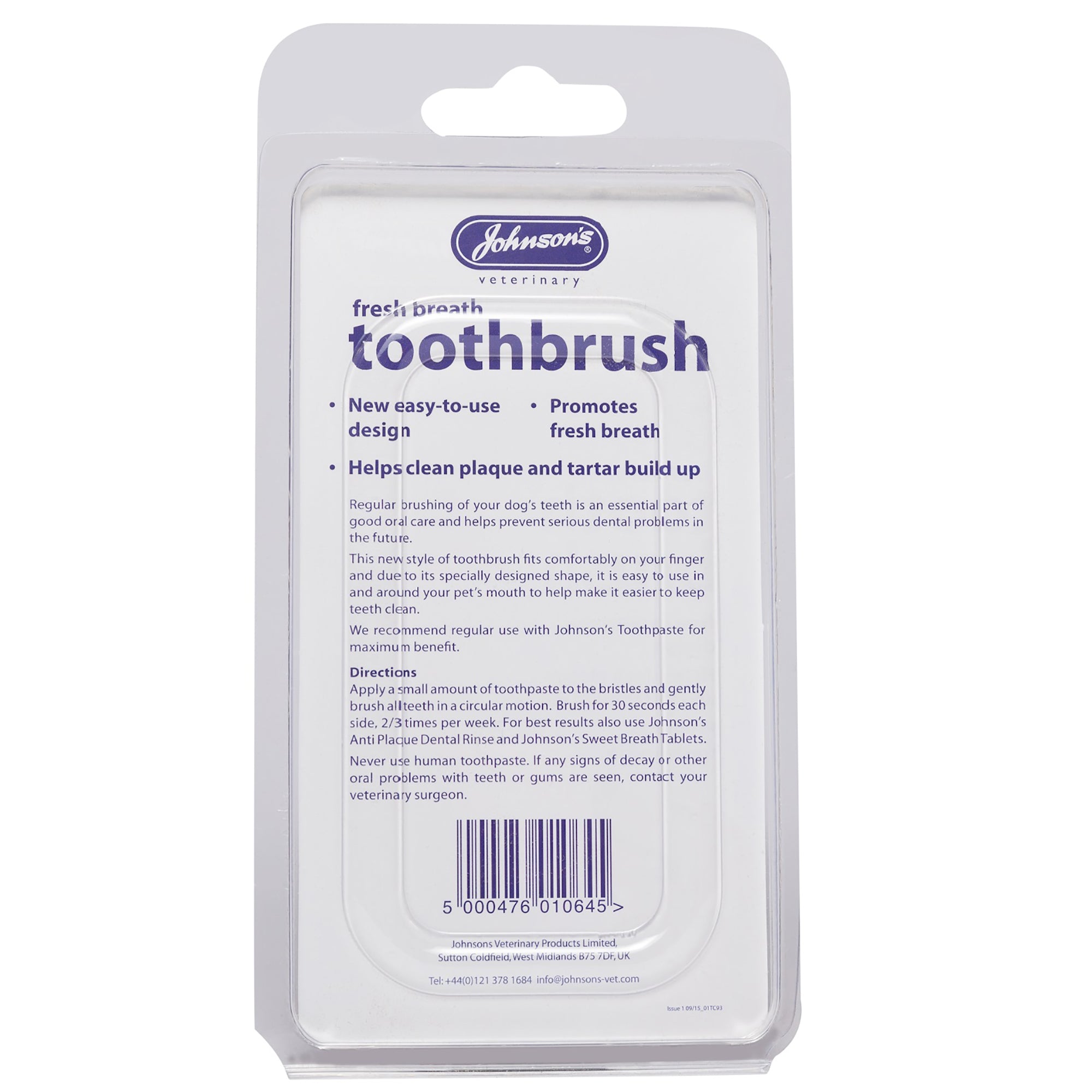 Packaged dog toothbrush with Johnson's Veterinary Care branding on a white background