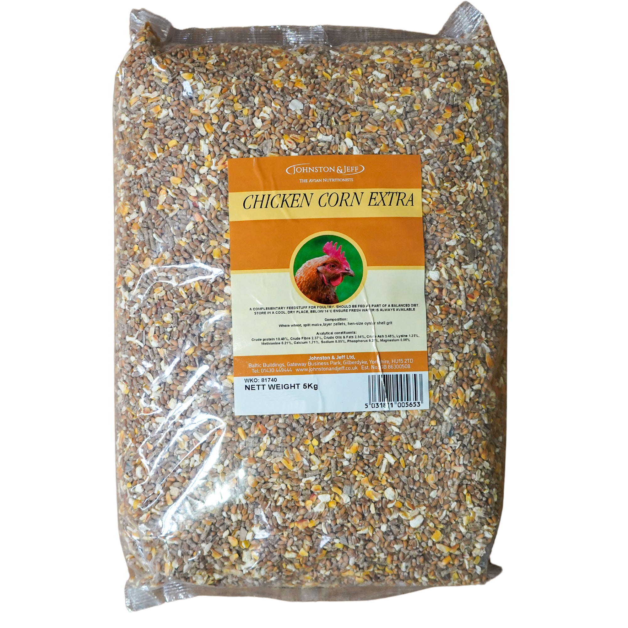A 5kg clear plastic bag of Corn Bird Chicken Corn Extra mixed bird feed, showing the granular contents through the transparent packaging with a prominent orange and white label.