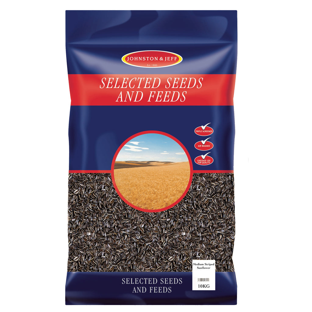 A 10kg bag of Johnston & Jeffs Selected Seeds and Feeds, featuring a dark blue and red packaging design with a clear window showing the dark seeds inside.