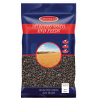 A 10kg bag of Johnston & Jeffs Selected Seeds and Feeds, featuring a dark blue and red packaging design with a clear window showing the dark seeds inside.