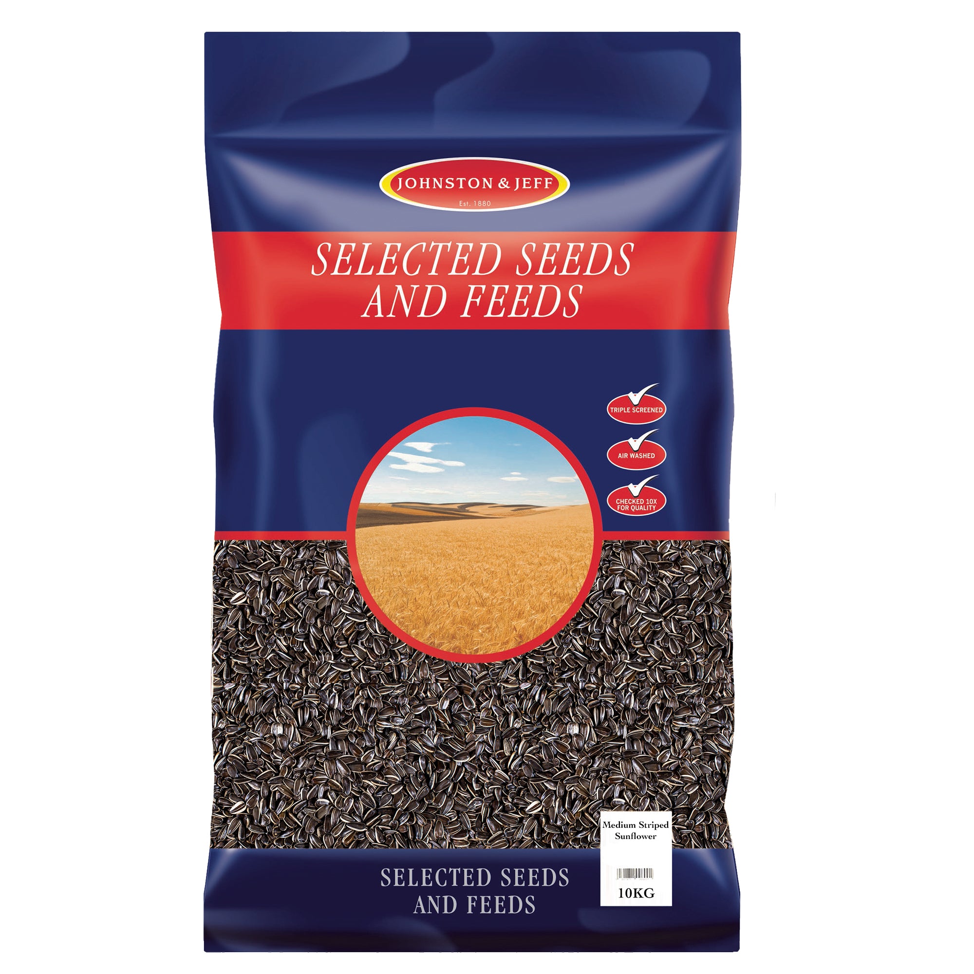 A 10kg bag of Johnston & Jeffs Selected Seeds and Feeds, featuring a dark blue and red packaging design with a clear window showing the dark seeds inside.