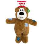 Brown teddy bear-shaped dog toy with blue accents on a white background, featuring KONG branding.