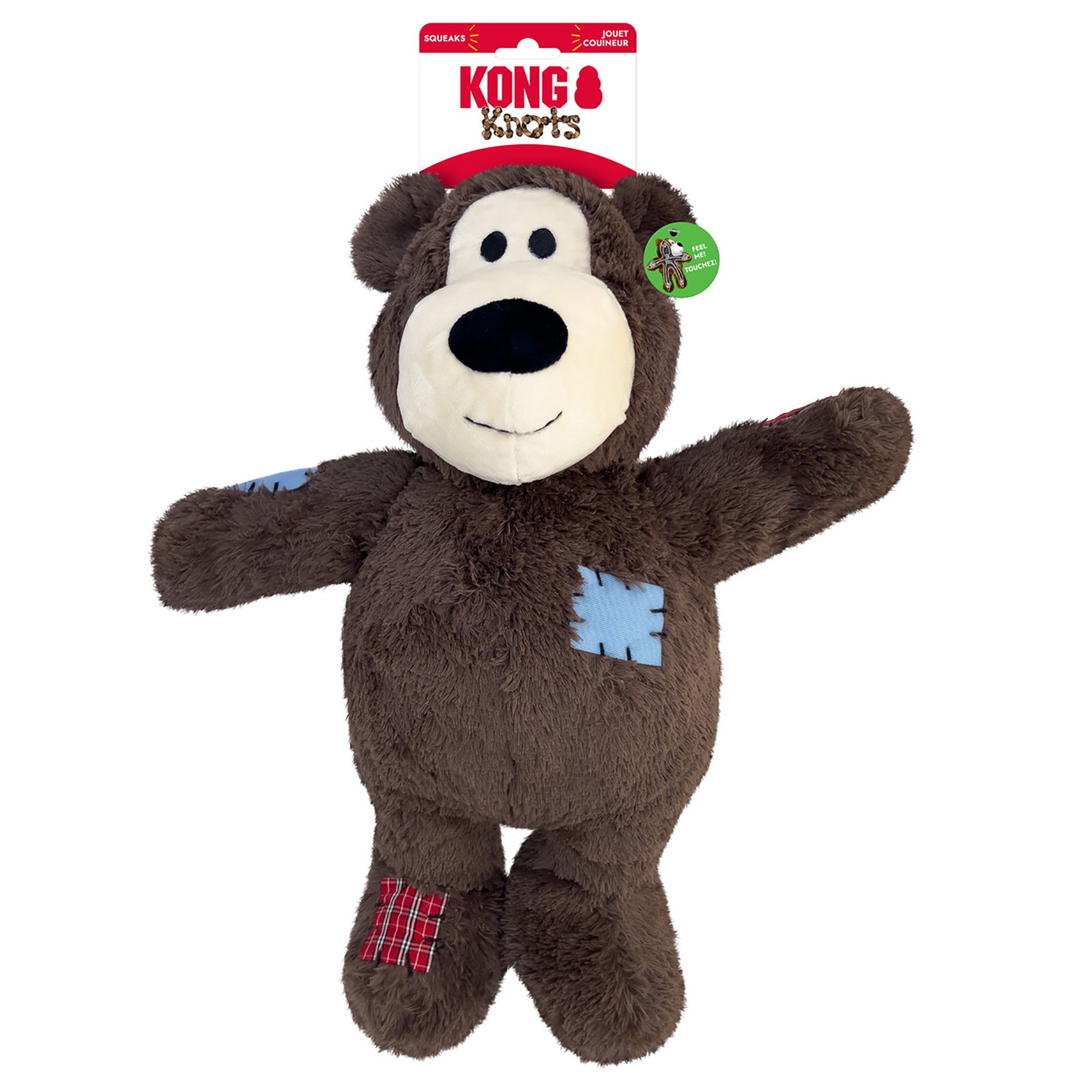 Brown plush bear toy with a visible Kong logo on a white background