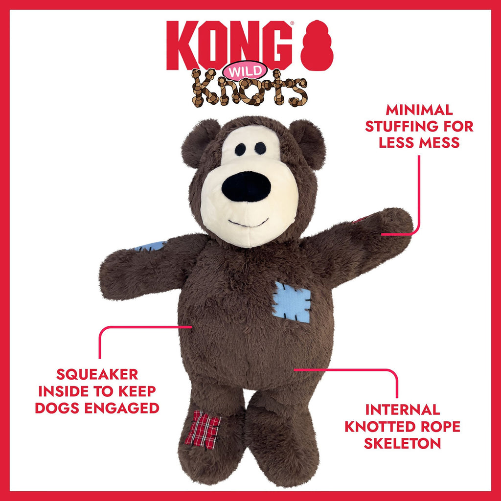Kong Wild Knots bear-shaped dog toy with features highlighted on a white background