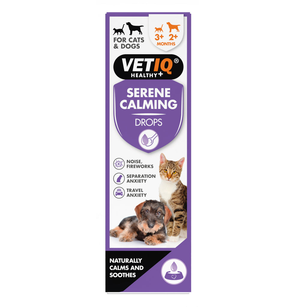 VETIQ Healthy+ Serene Calming Drops for cats and dogs, in a purple and white cardboard box with illustrations of a cat and a dog.