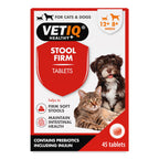 VETIQ Healthy+ Stool Firm Tablets packaging for cats and dogs, featuring a white and red box with illustrations of a dog and a cat, and text indicating 45 tablets.