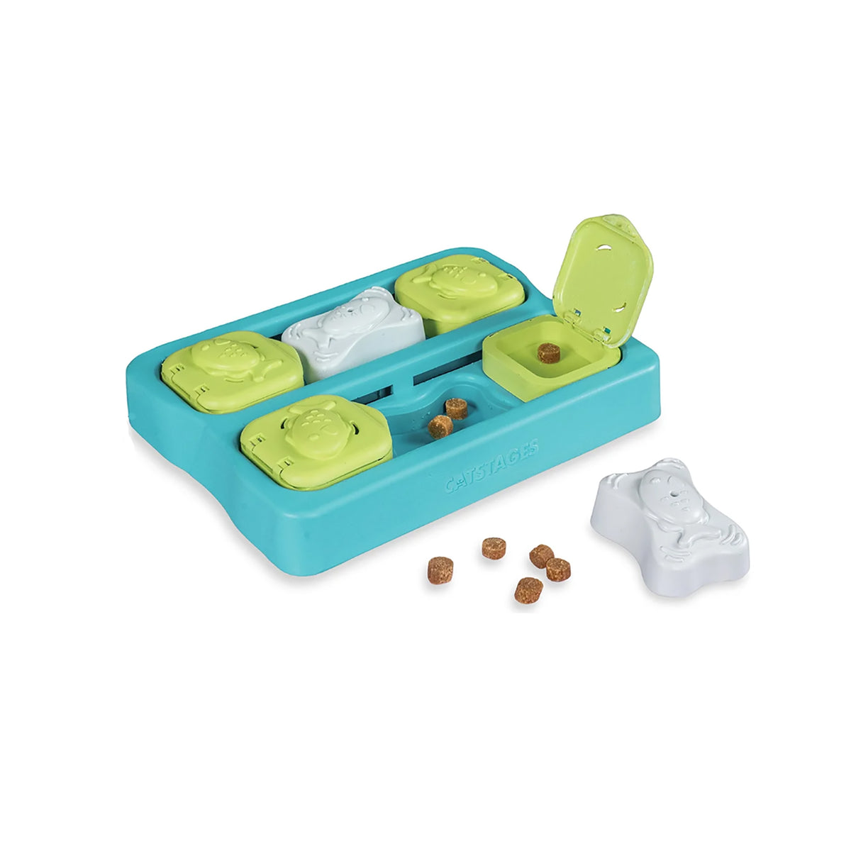 Nina Ottosson Kitty Cube cat puzzle toy with green compartments, sliding sections and treats ready for a cat