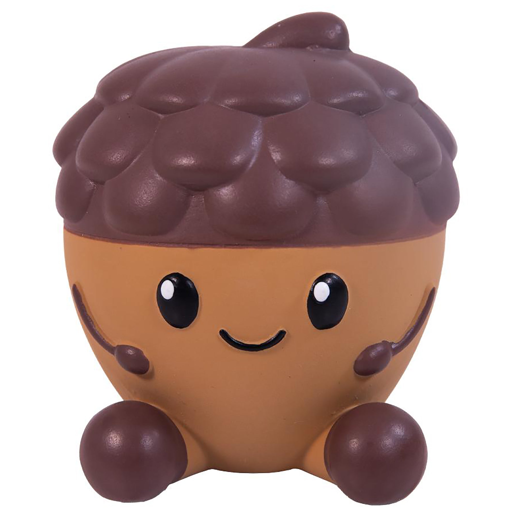 A cute, cartoon-style acorn-shaped squishy toy with a smiling face, set against a plain white background.