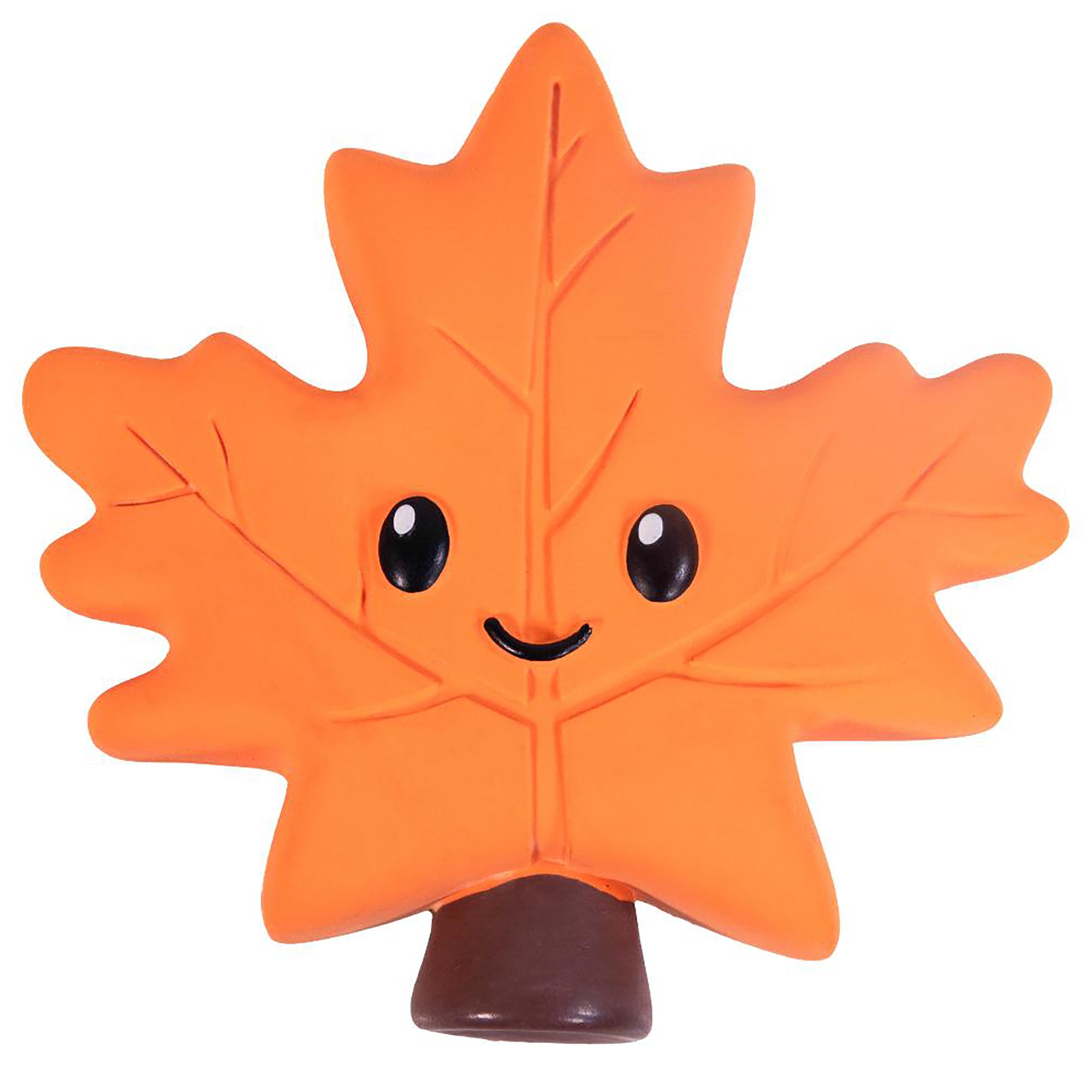An orange maple leaf shaped novelty item with a cute cartoon face and a brown base, shown on a plain white background.